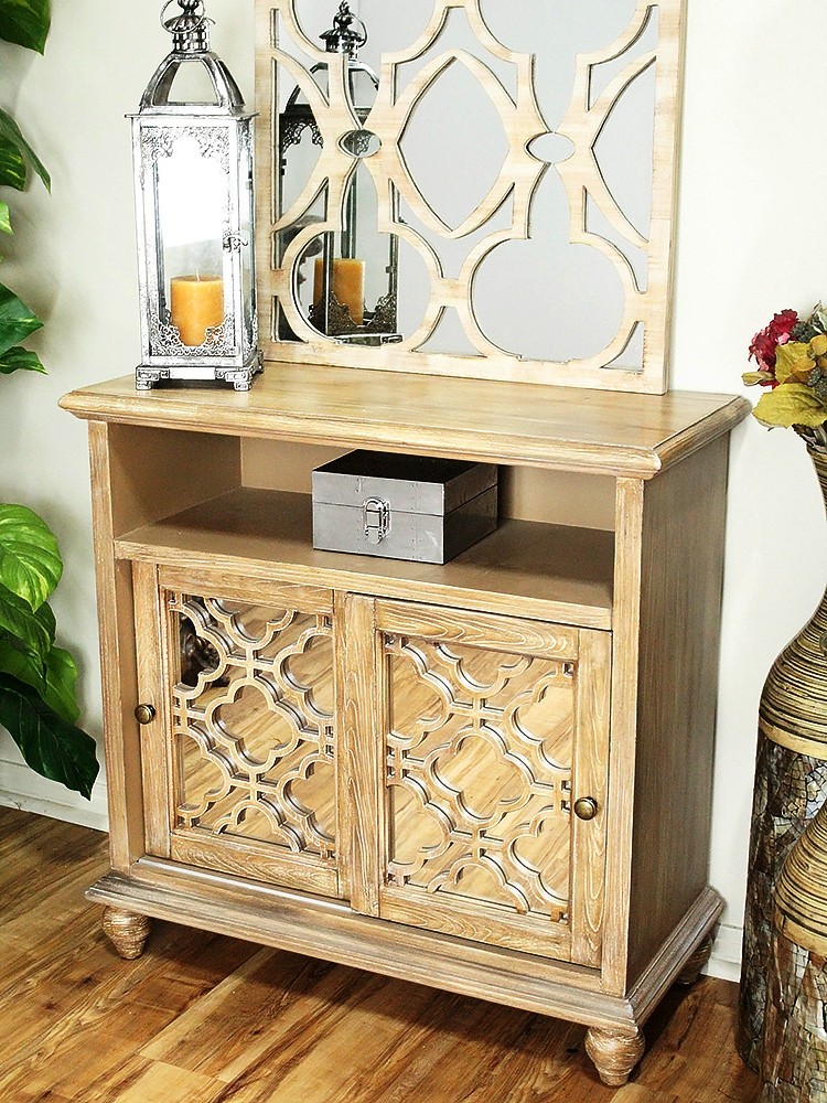 32" X 14" X 32" Ashwood Veneer MDF Wood Mirrored Glass Entertainment Cabinet with Doors