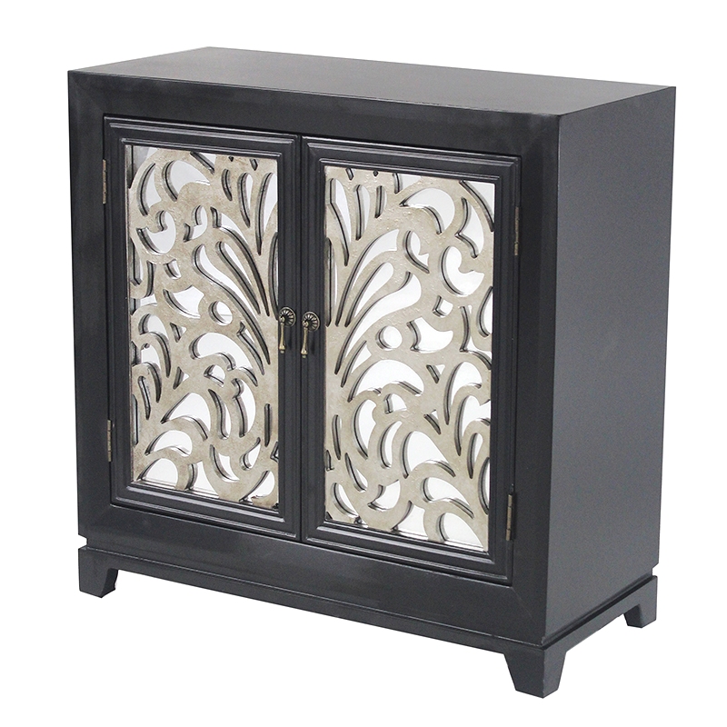 32" X 14" X 32" Black W Silver MDF Wood Mirrored Glass Sideboard with Doors and Silver Paint