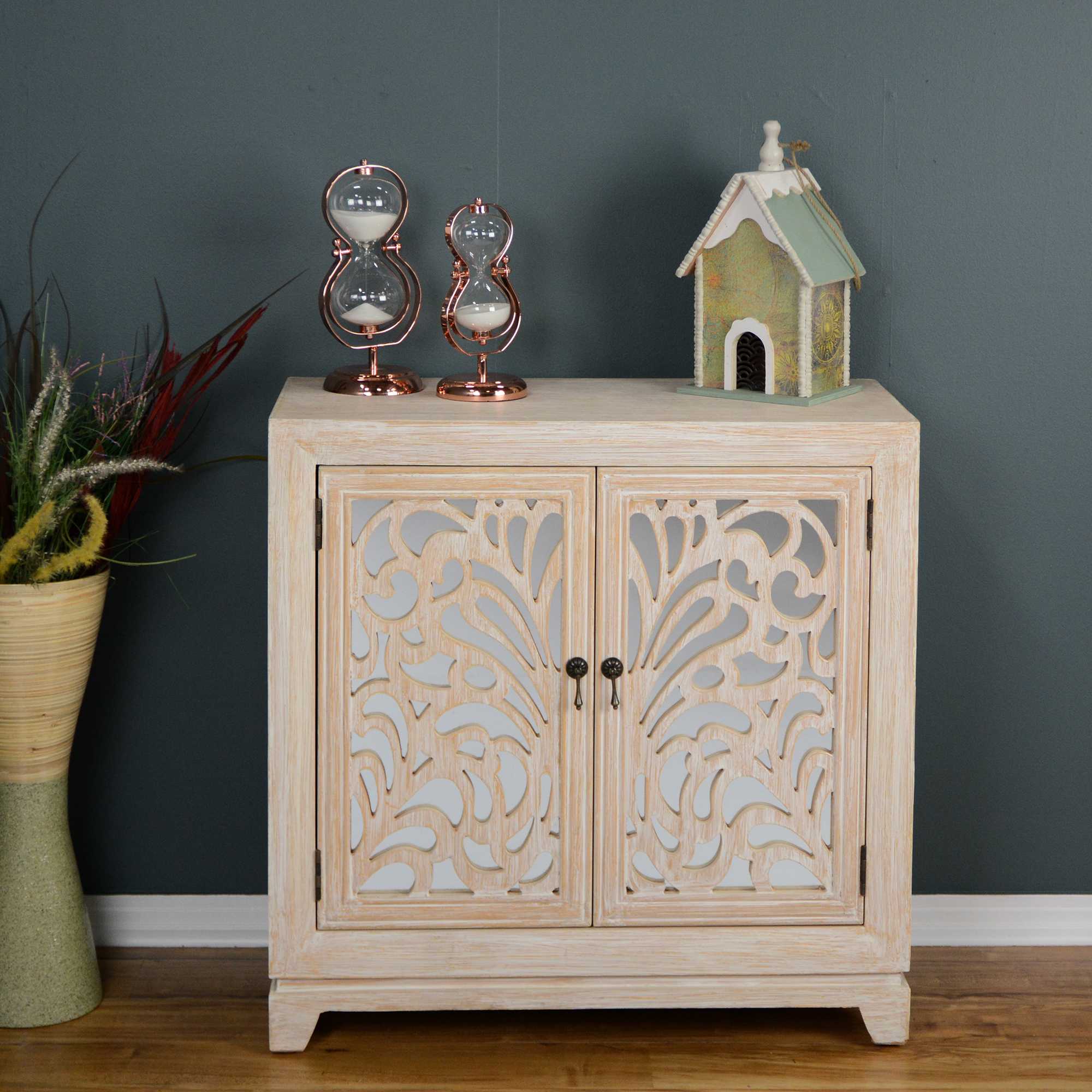 32" X 14" X 32" Distressed White MDF Wood Mirrored Glass Sideboard with Doors