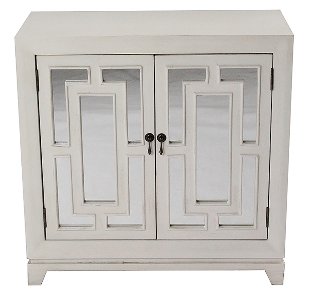 32" X 14" X 32" Ivory MDF Wood Mirrored Glass Sideboard with Doors and Blue Paint