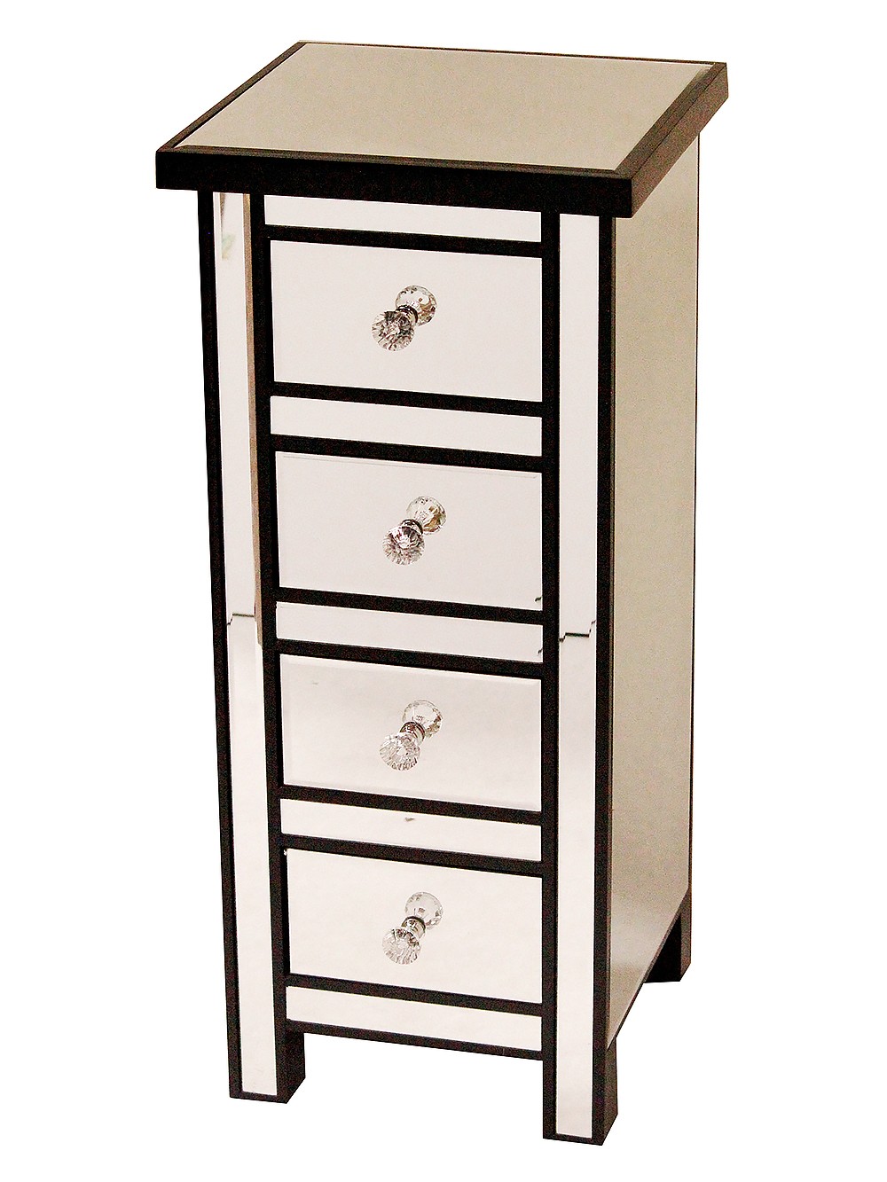 13.78" X 13.78" X 31.5" Black MDF Wood Mirrored Glass Jewelry Cabinet with Mirrored Glass Drawers