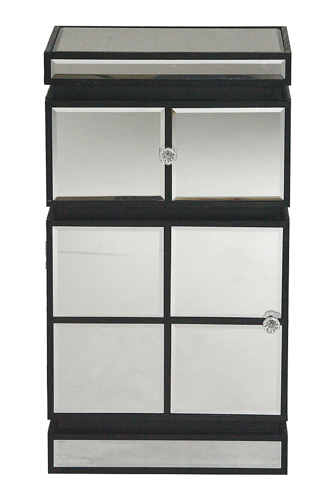16" X 13" X 29" Black MDF Wood Mirrored Glass Cabinet with a Drawer and a Door