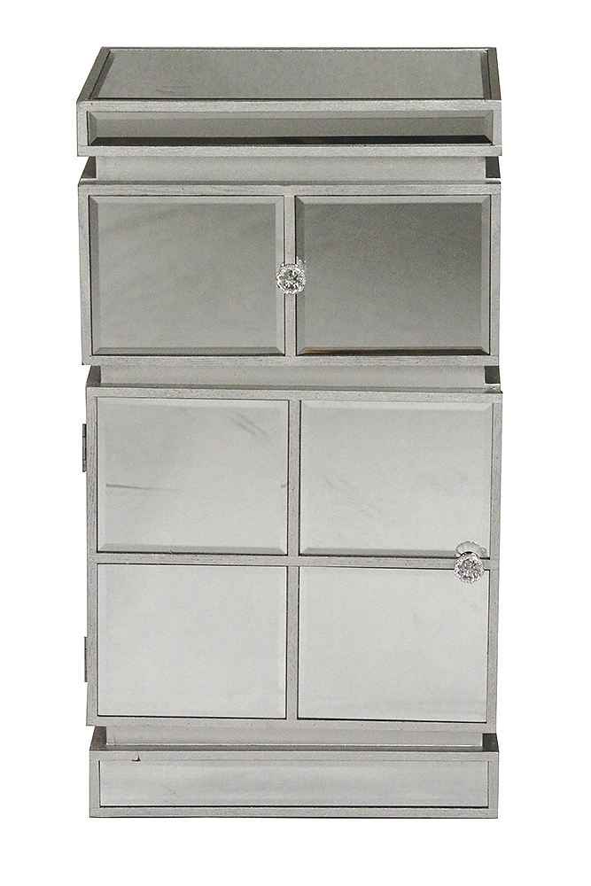 16" X 13" X 29" Silver MDF Wood Mirrored Glass Cabinet with a Drawer and a Door