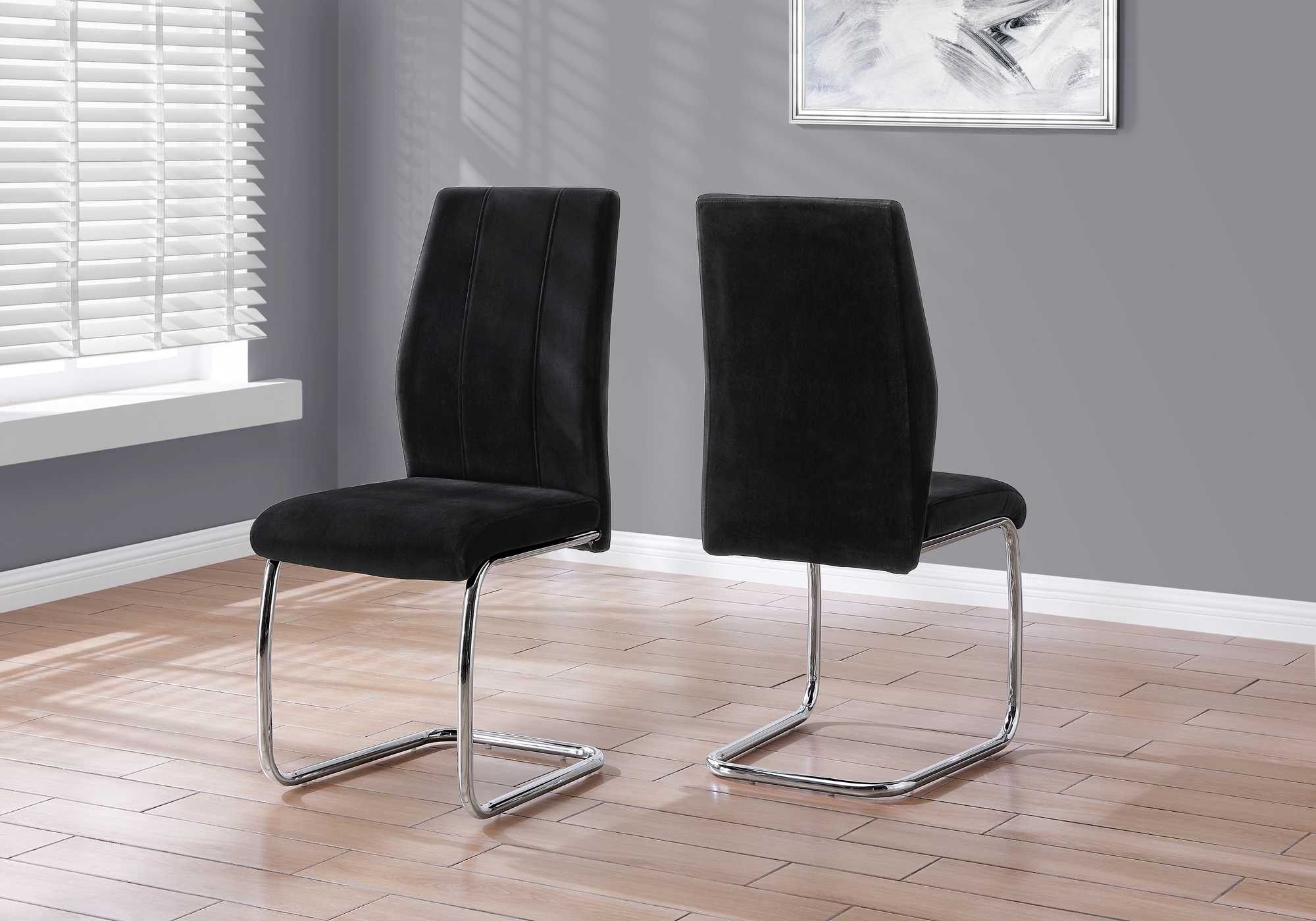 Two 77.5" Velvet Chrome Metal and Foam Dining Chairs