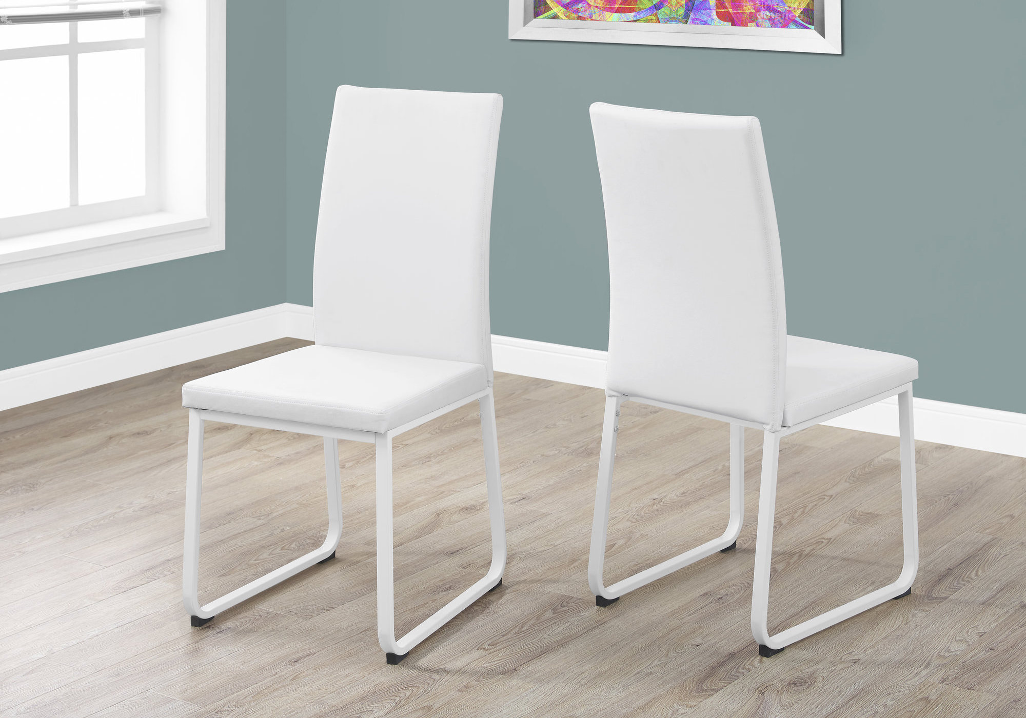 Two 38" White Leather Look Foam and Metal Dining Chairs