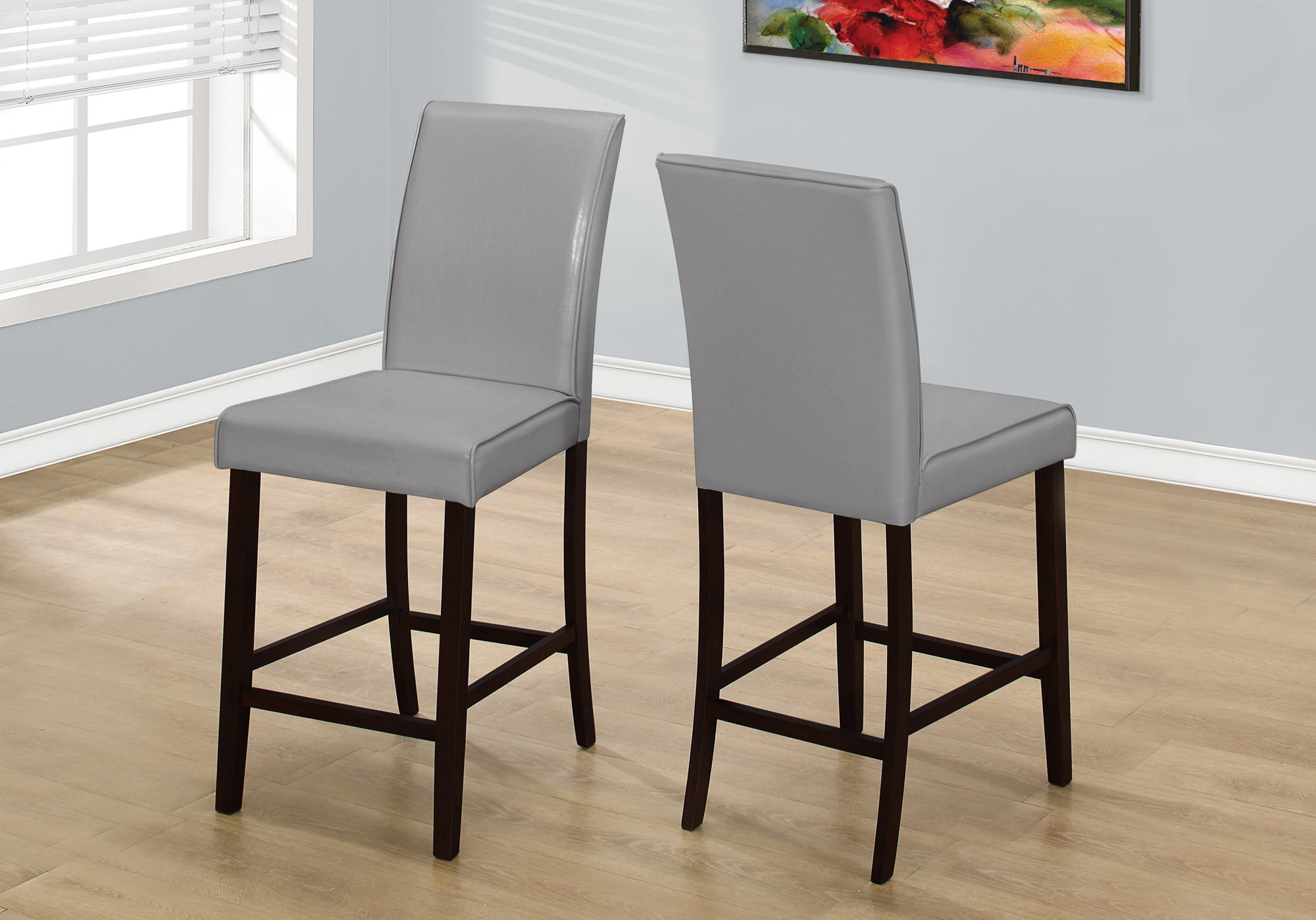 Two 40" Grey Leather Look Solid Wood and MDF Counter Height Dining Chairs