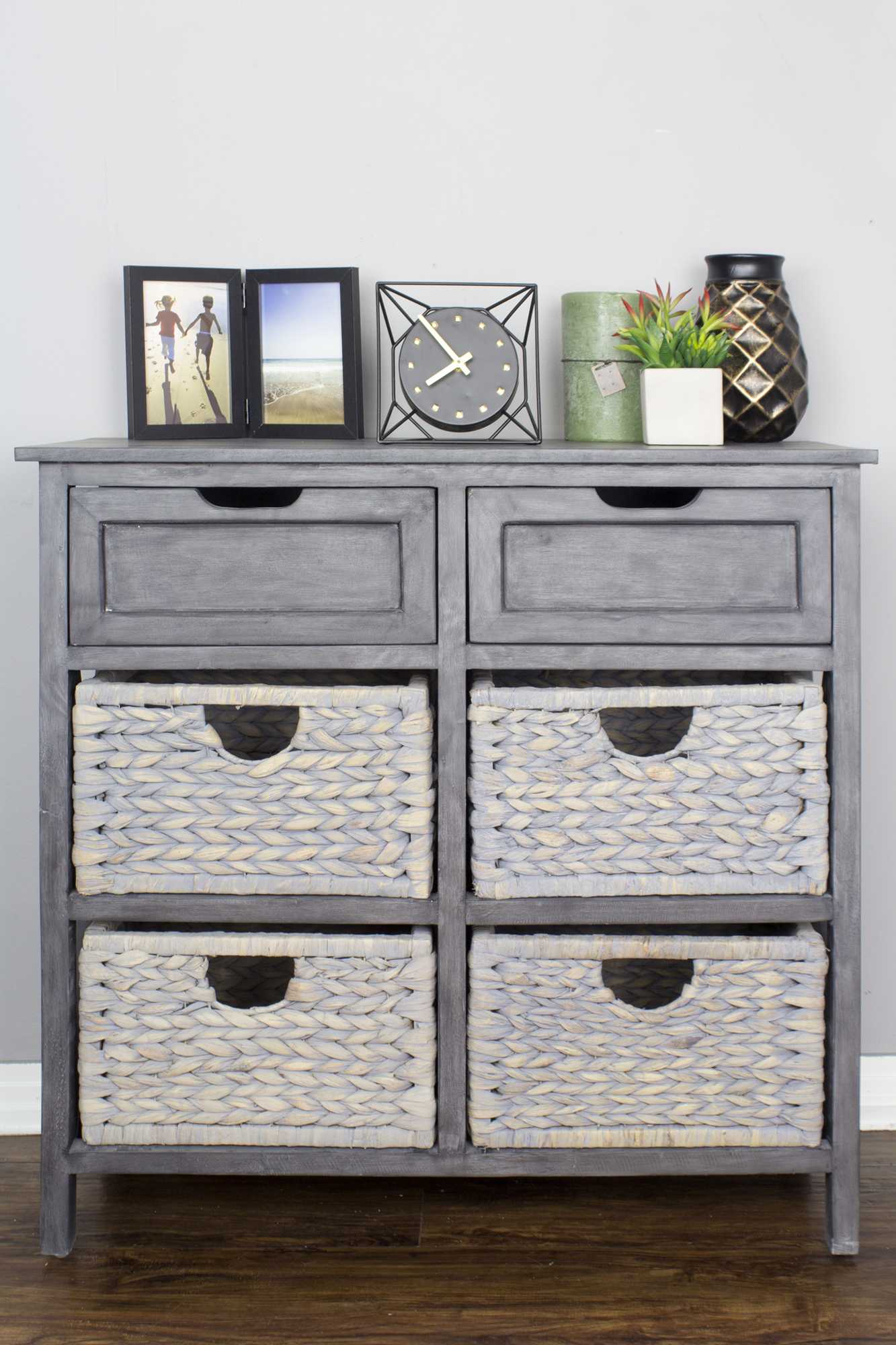 30" X 13" X 28" Grey Wood MDF Water Hyacinth Water Hyacinth Drawer with Basket and Accent Cabinet