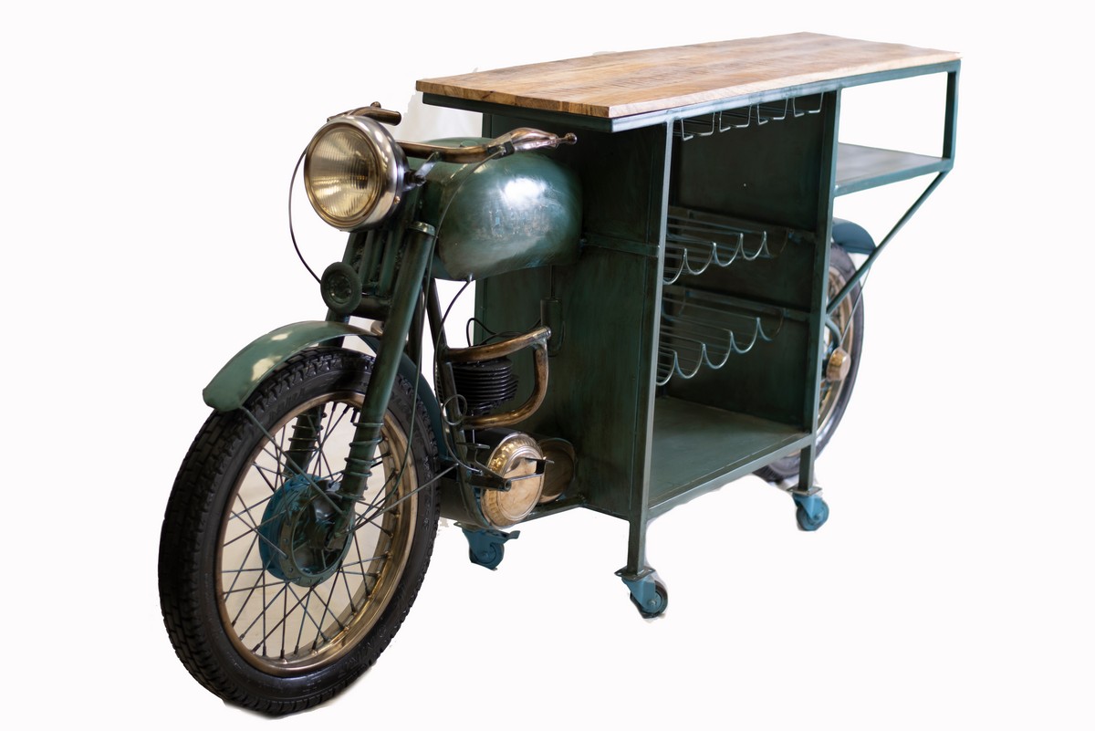 22" X 86.5" X 40" Green Historical Motorcycle Wine Bar