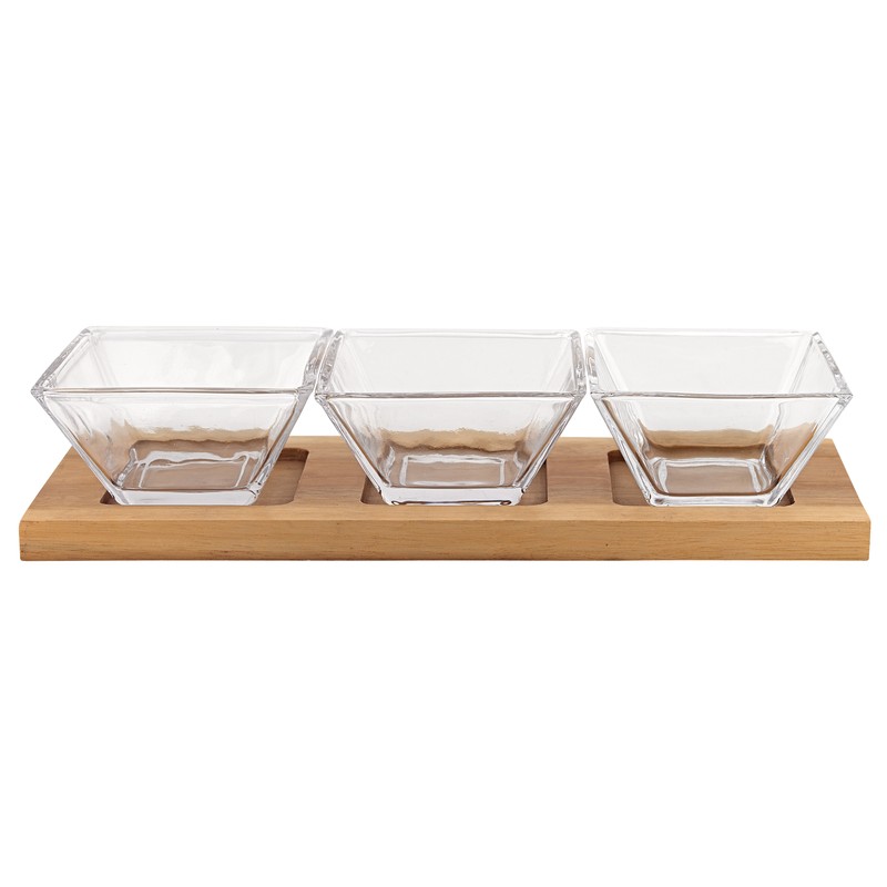 4" Mouth Blown Crystal Hostess Set - 4 pc With 3 Glass Condiment or Dip Bowls on a Wood Tray
