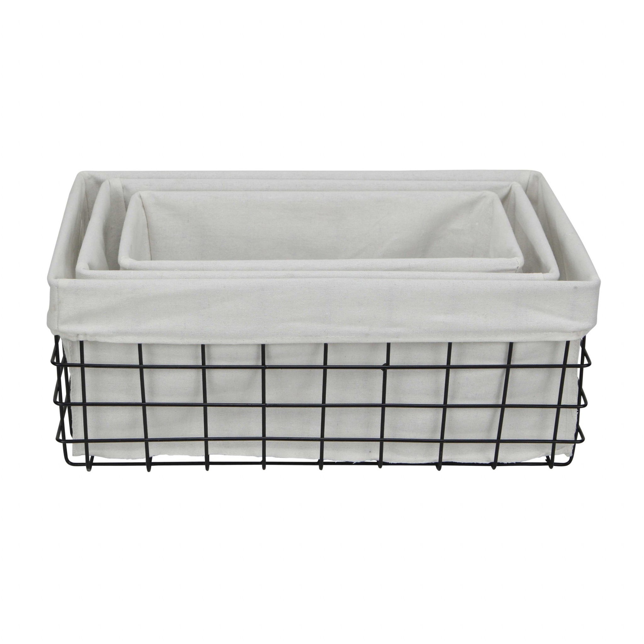 Set of 3 Rectangular White Lined and Metal Wire Baskets