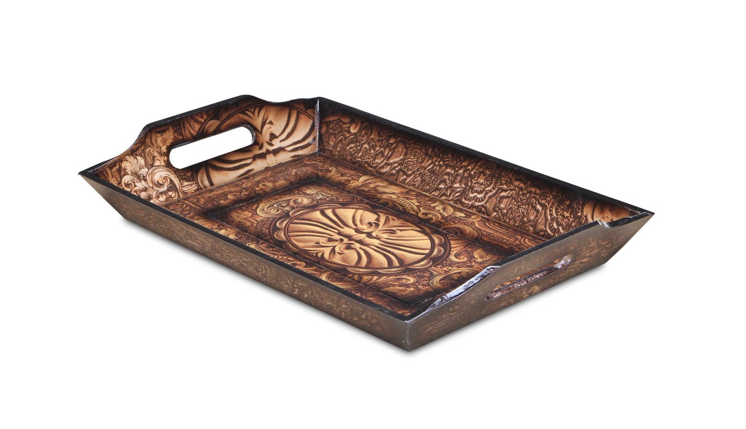 Rectangular Wood Finished Baroque Design Tray