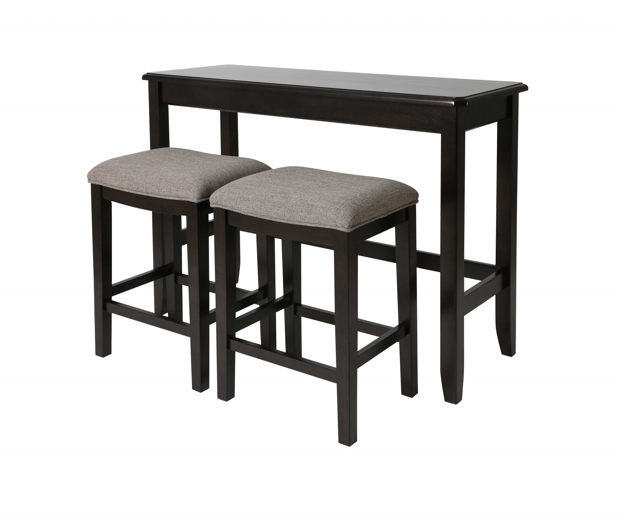 Rectangular Espresso Finish Sofa table with Two Bar Stools