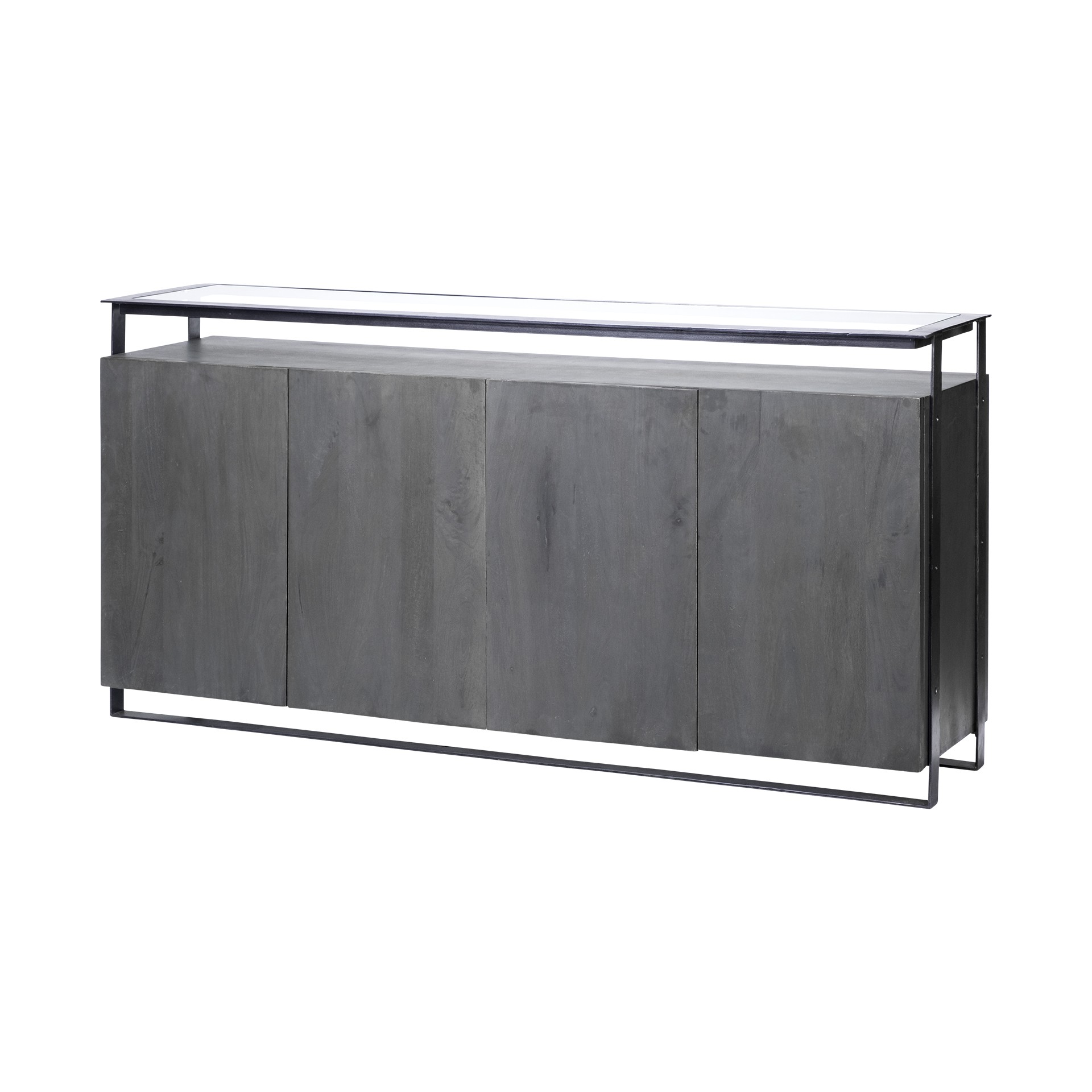 Glass Top Gray 4 Solid Wood Cabinets Metal Frame Sideboard