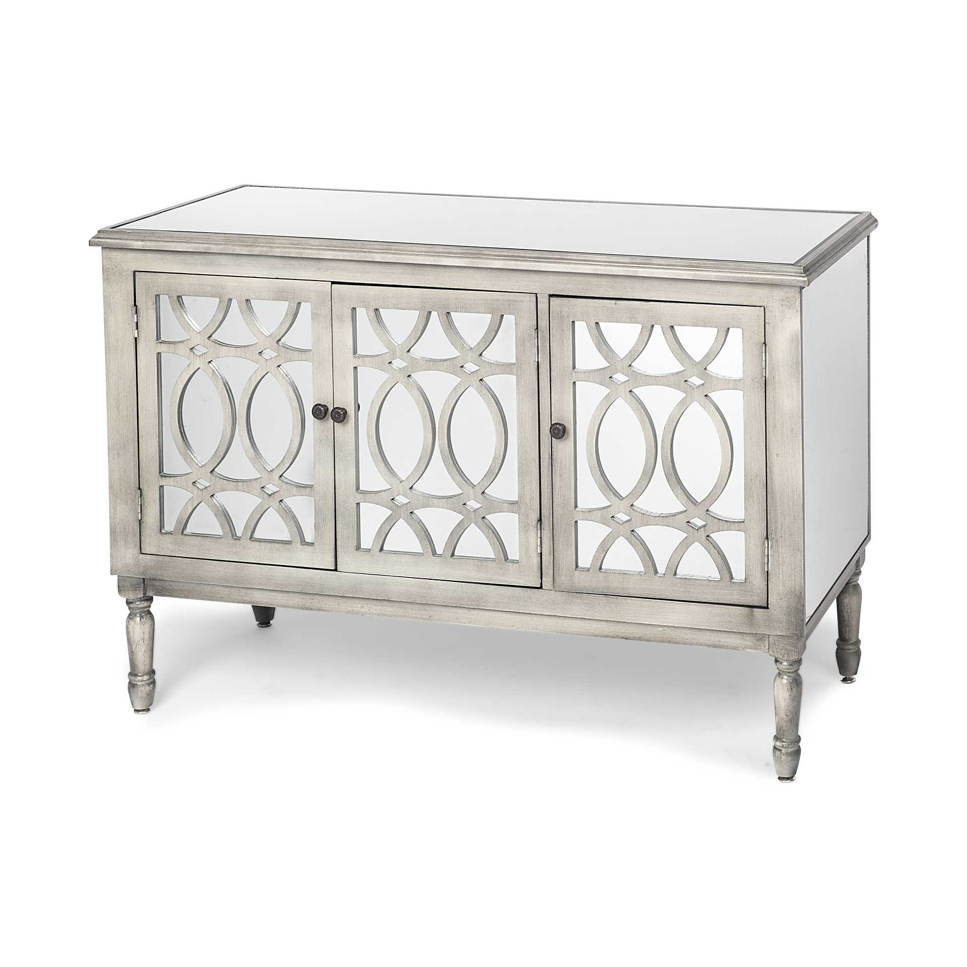 Grey Solid Wood Sideboard With 3 Mirrored Glass Lined Doors