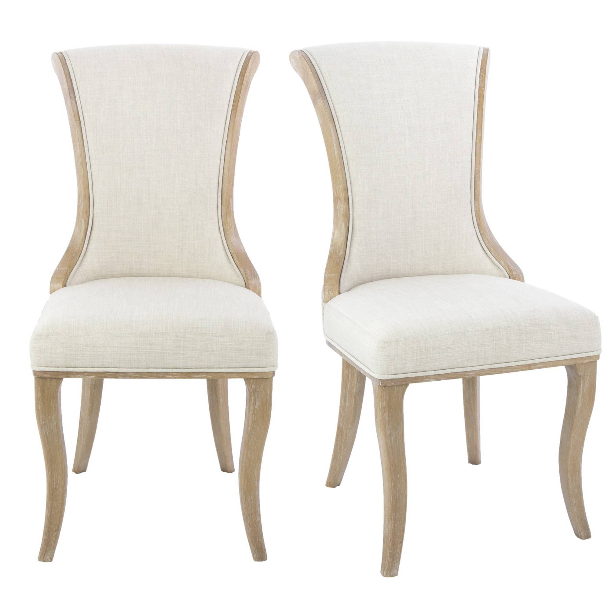 Set of 2 Updated Rustic White Linen Wood Frame Dining Chairs