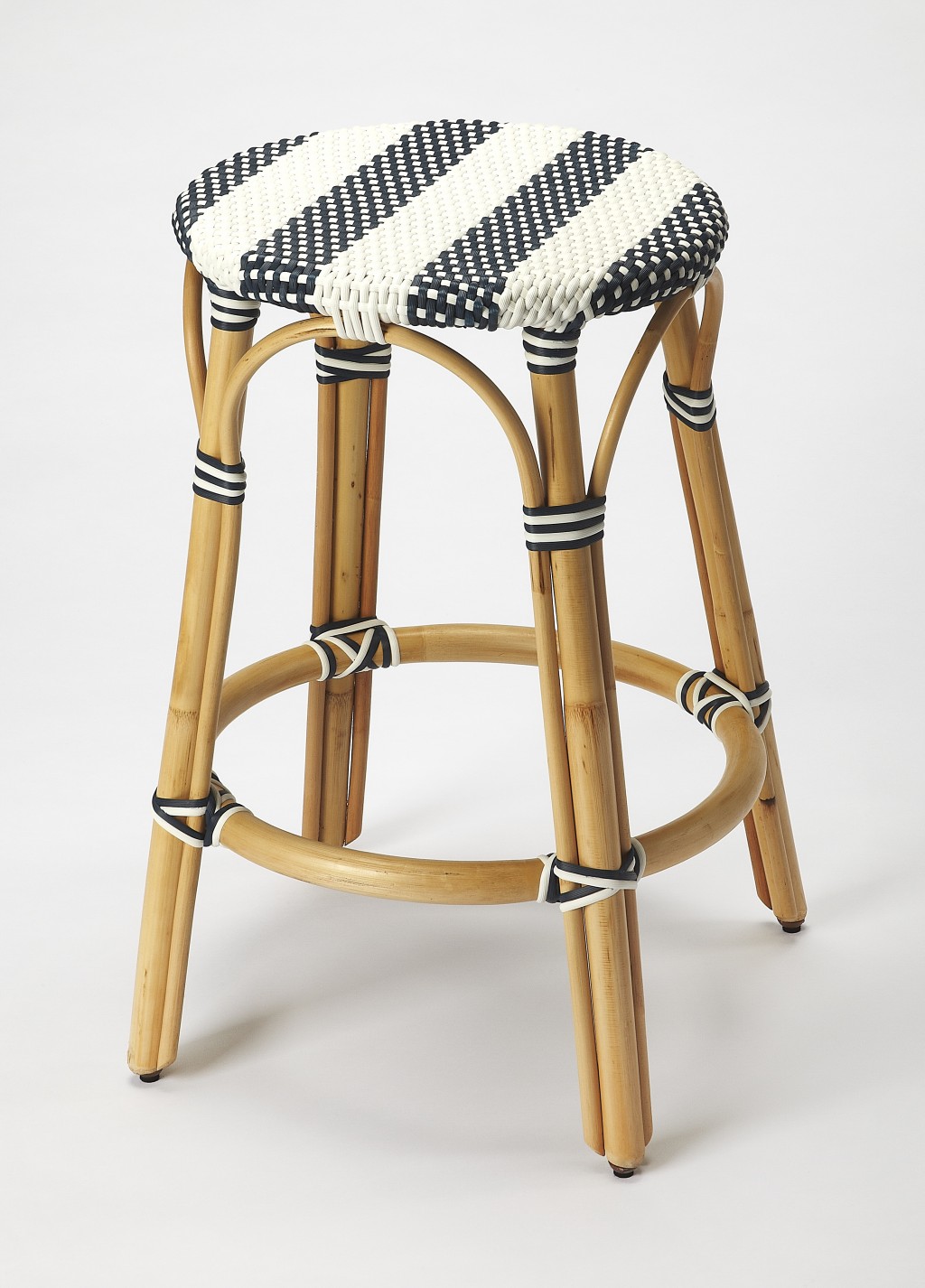 Midnight Blue and White Rattan Counter Stool