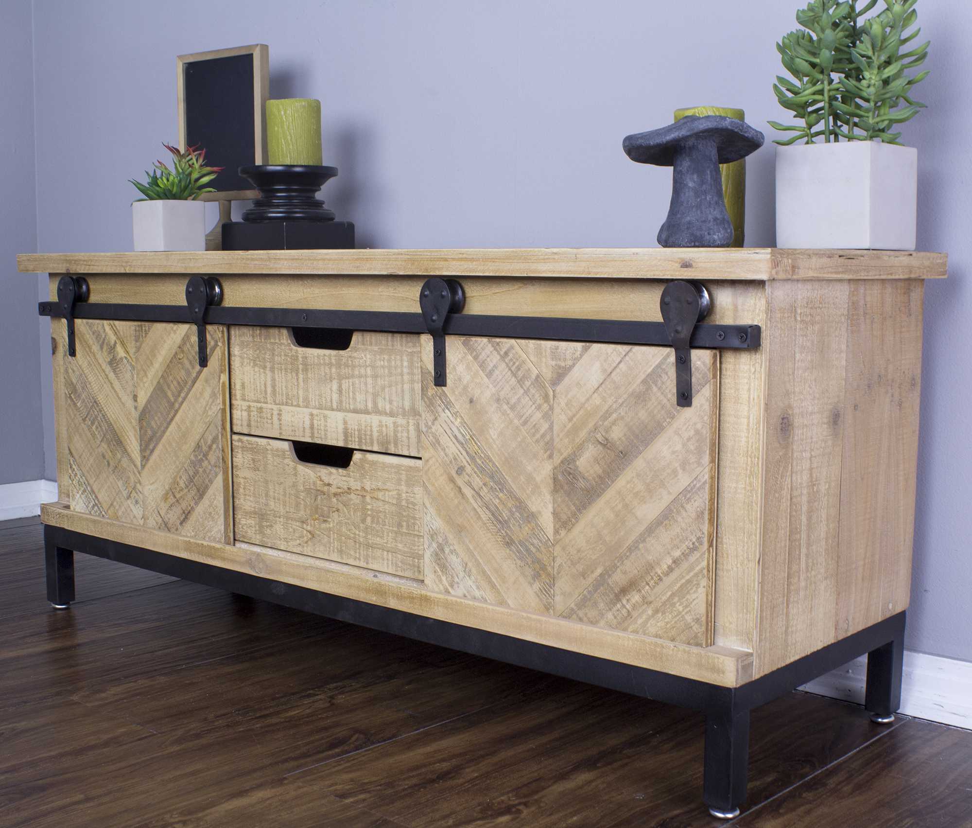 Natural Wood TV Stand with Doors and Drawers