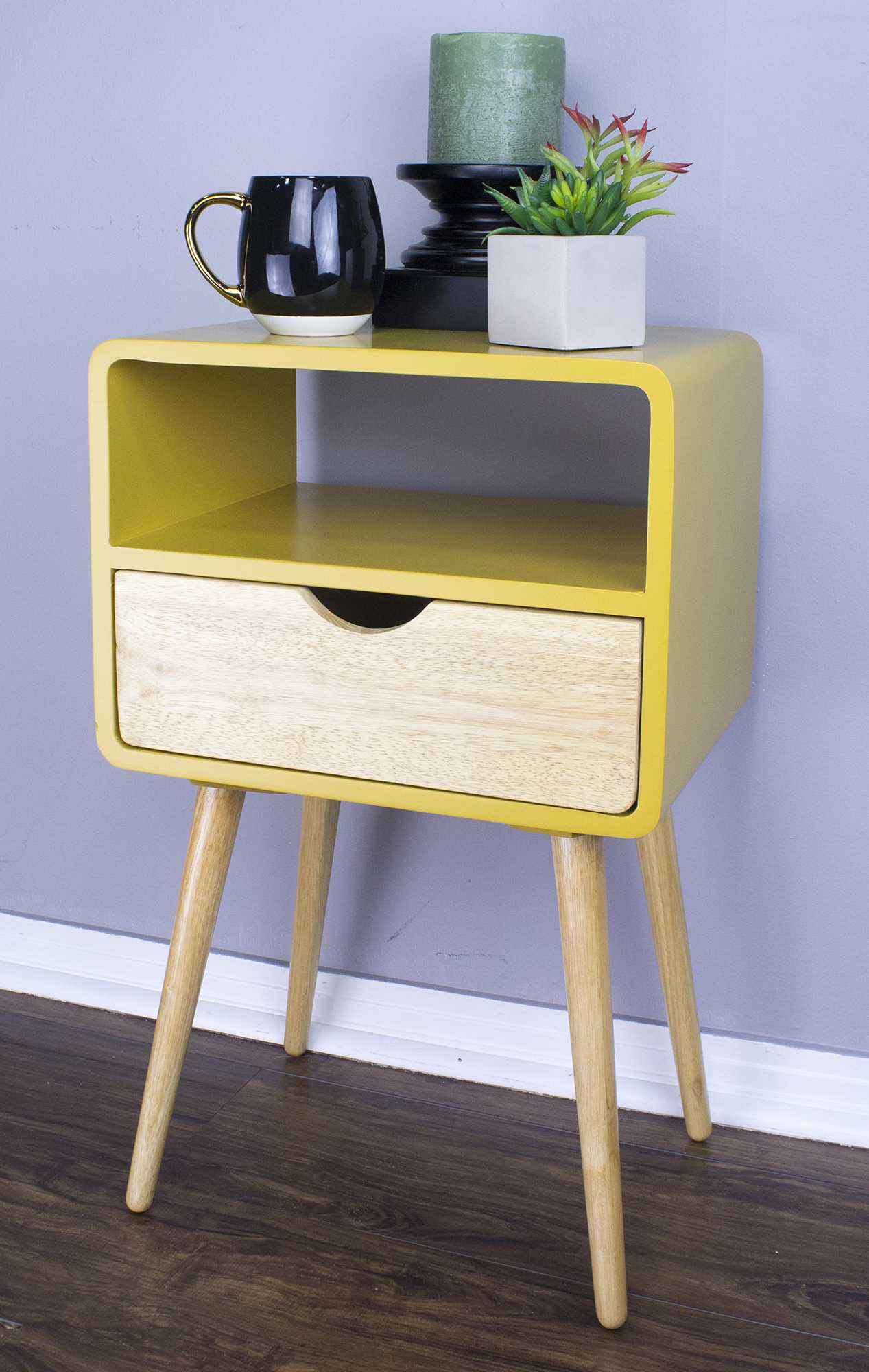 16" X 12" X 26" Yellow MDF Wood End Table with Drawer and Shelf