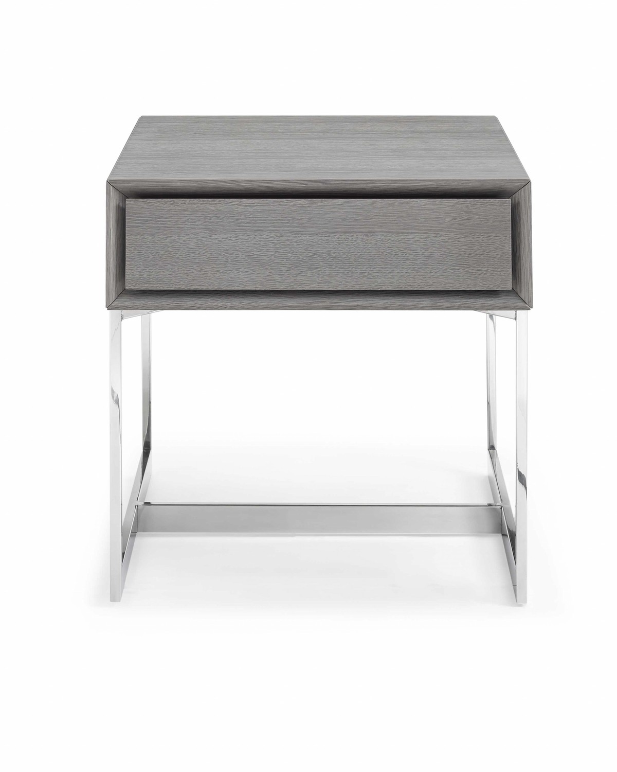 Side Table Gray Oak Veneer One Drawer Polished Stainless Steel Legs