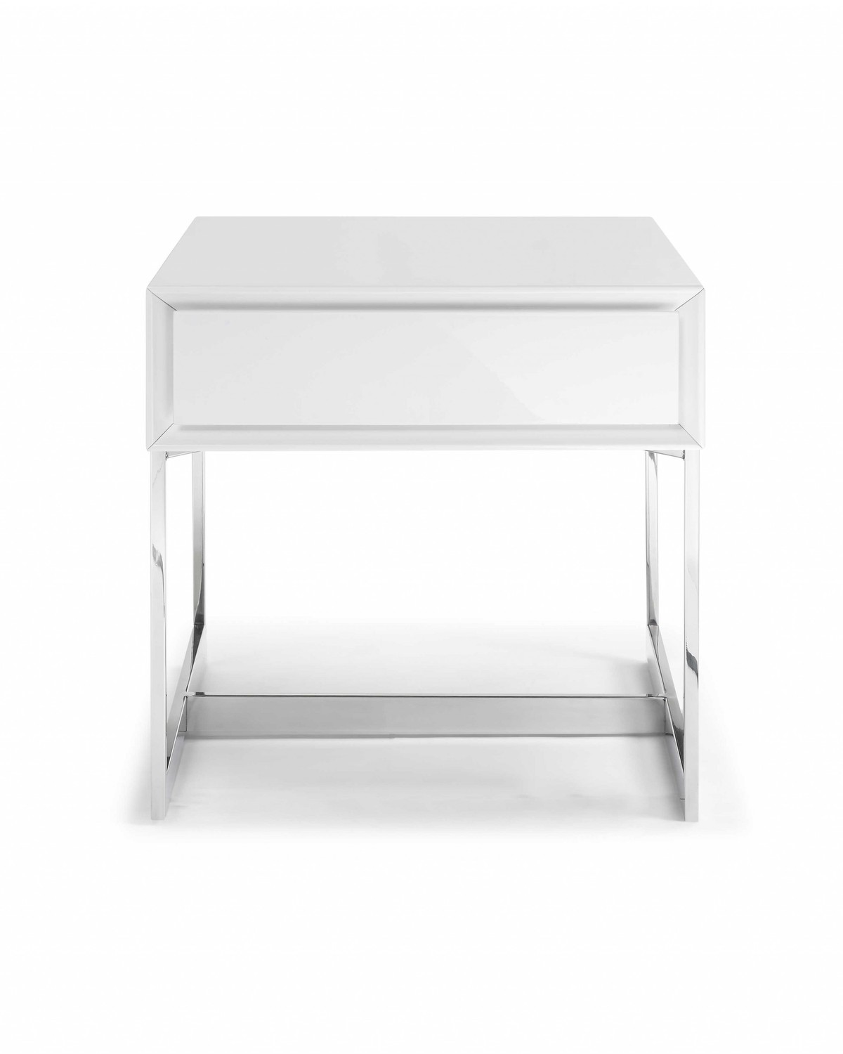 Side Table High Gloss White One Drawer Polished Stainless Steel Legs