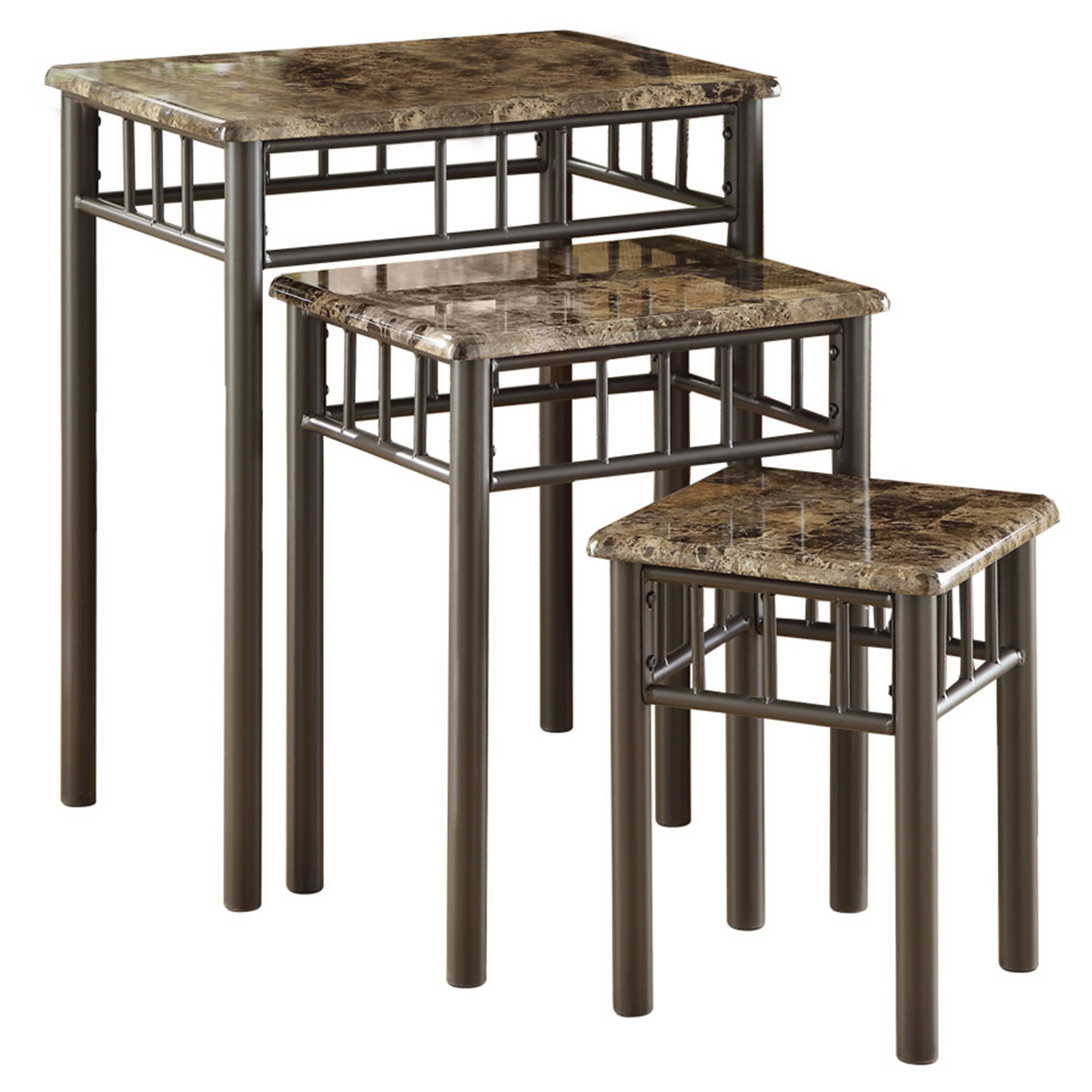 44" x 53" x 66" Cappuccino Marble-Look Finish and Bronze Metal Nesting Table - Set of 3