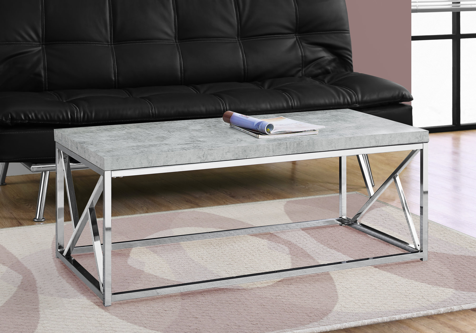 17" Grey Cement Particle Board Laminate and Chrome Metal Coffee Table