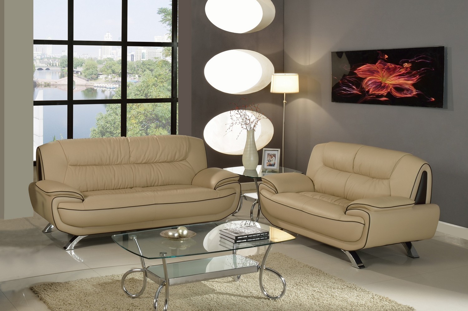 67'' X 35'' X 35'' Modern Beige Leather Sofa And Loveseat