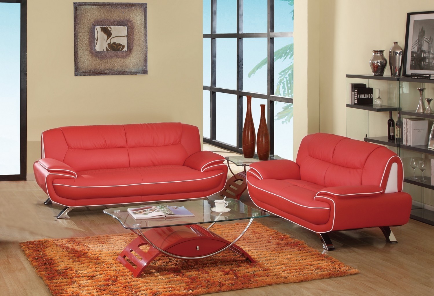 67'' X 35'' X 35'' Modern Red Leather Sofa And Loveseat