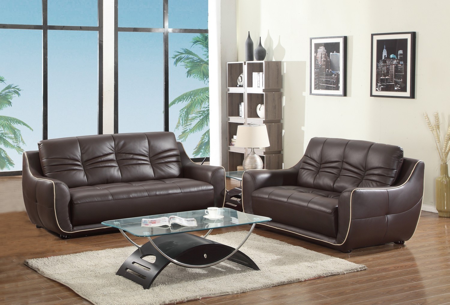 61'' X 39'' X 36'' Modern Brown Leather Sofa And Loveseat