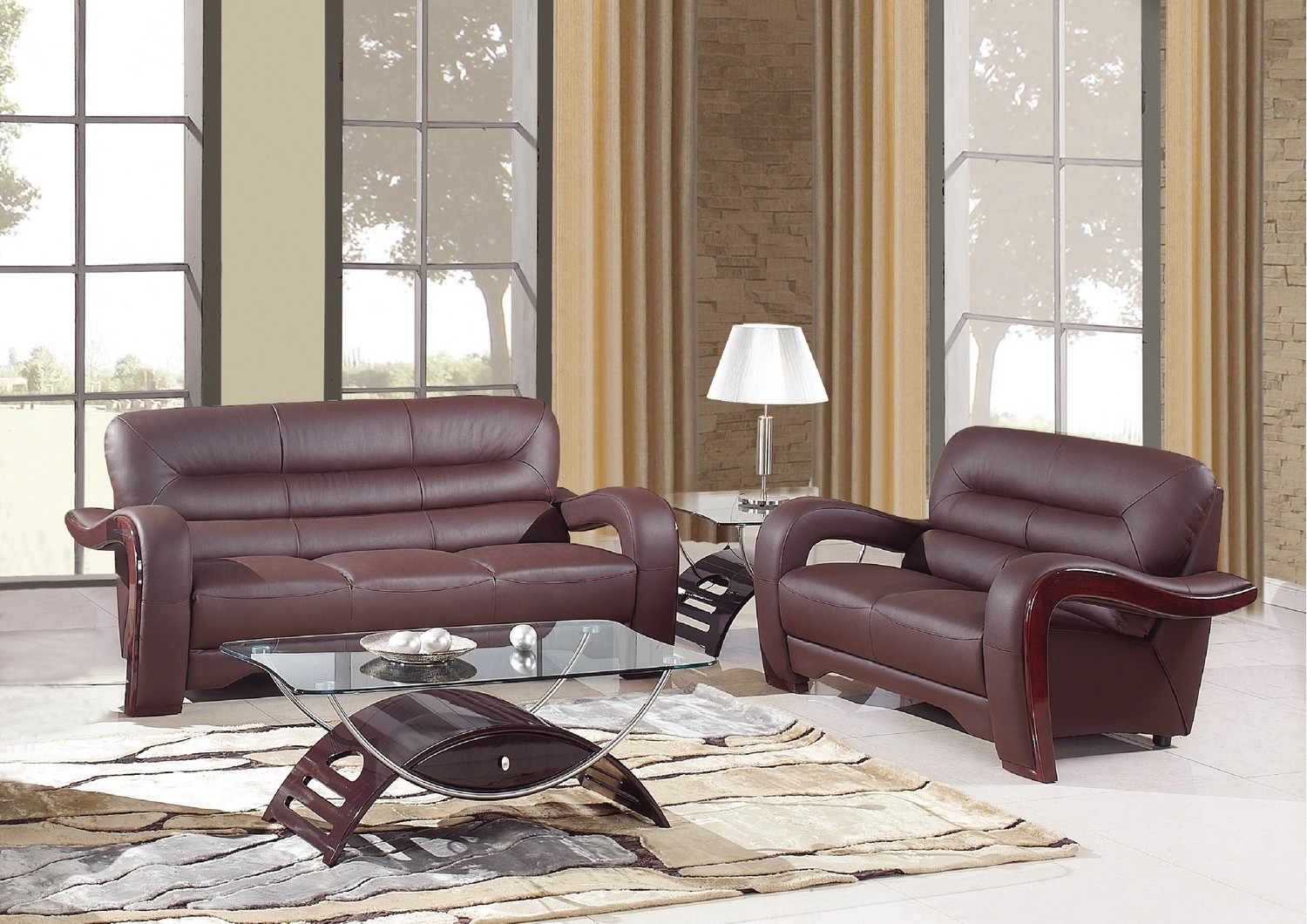 55.9'' X 35.8'' X 34.3'' Modern Brown Leather Sofa And Loveseat