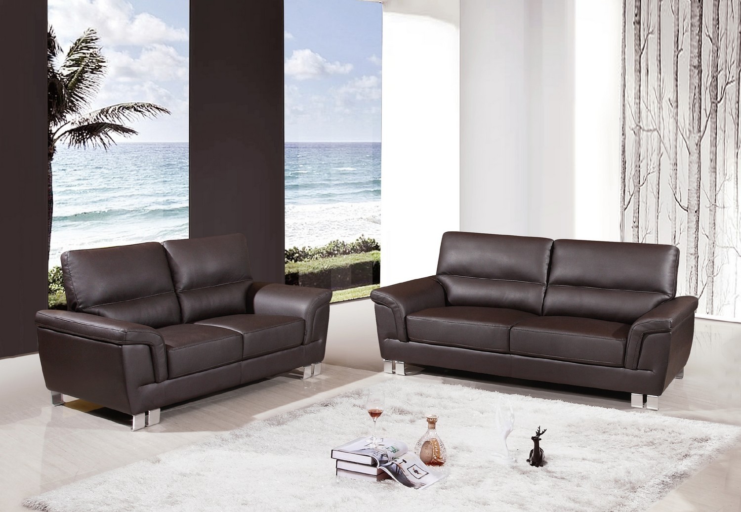 64'' X 36'' X 37'' Modern Brown Leather Sofa And Loveseat