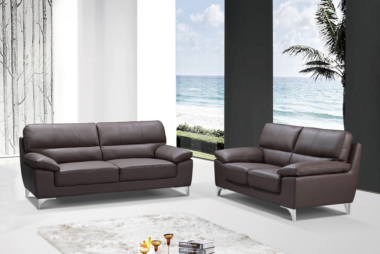 64'' X 36'' X 37'' Modern Brown Leather Sofa And Loveseat