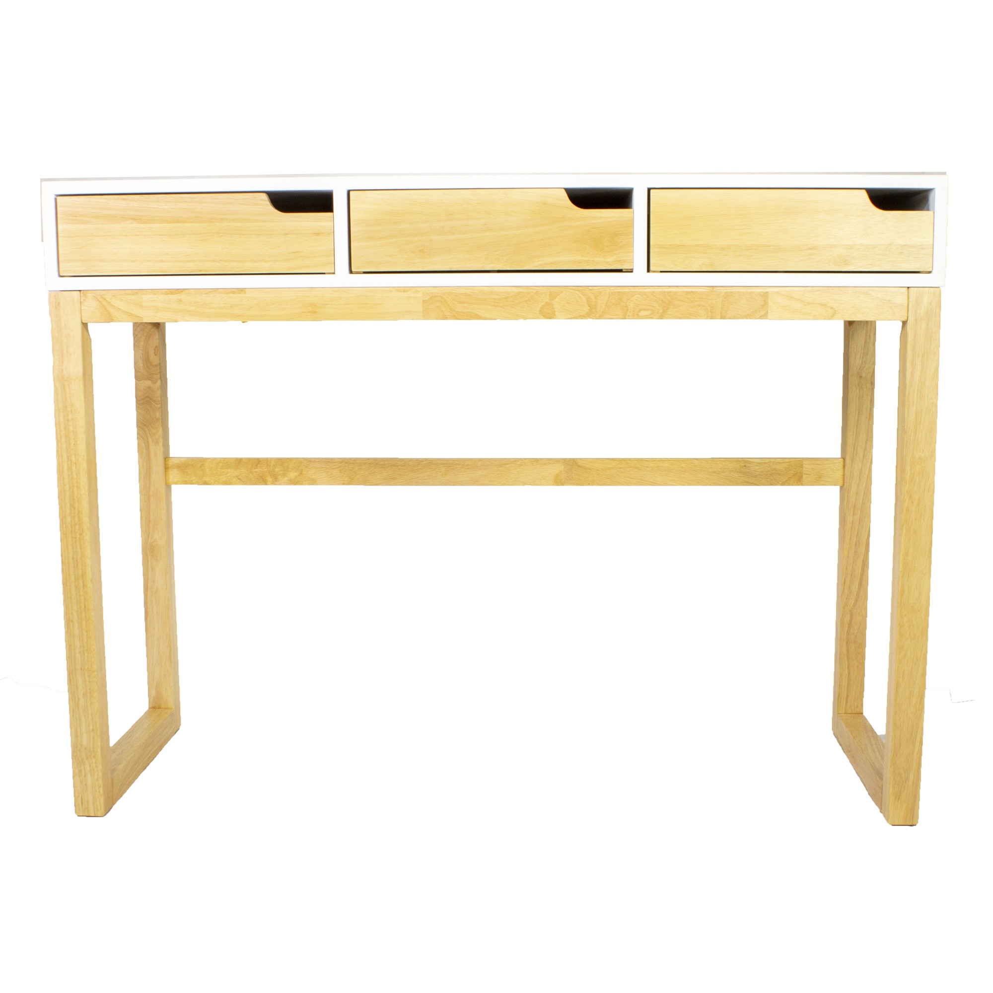 43" X 16" X 32" White & Natural Solid Wood Three Drawer Console Table