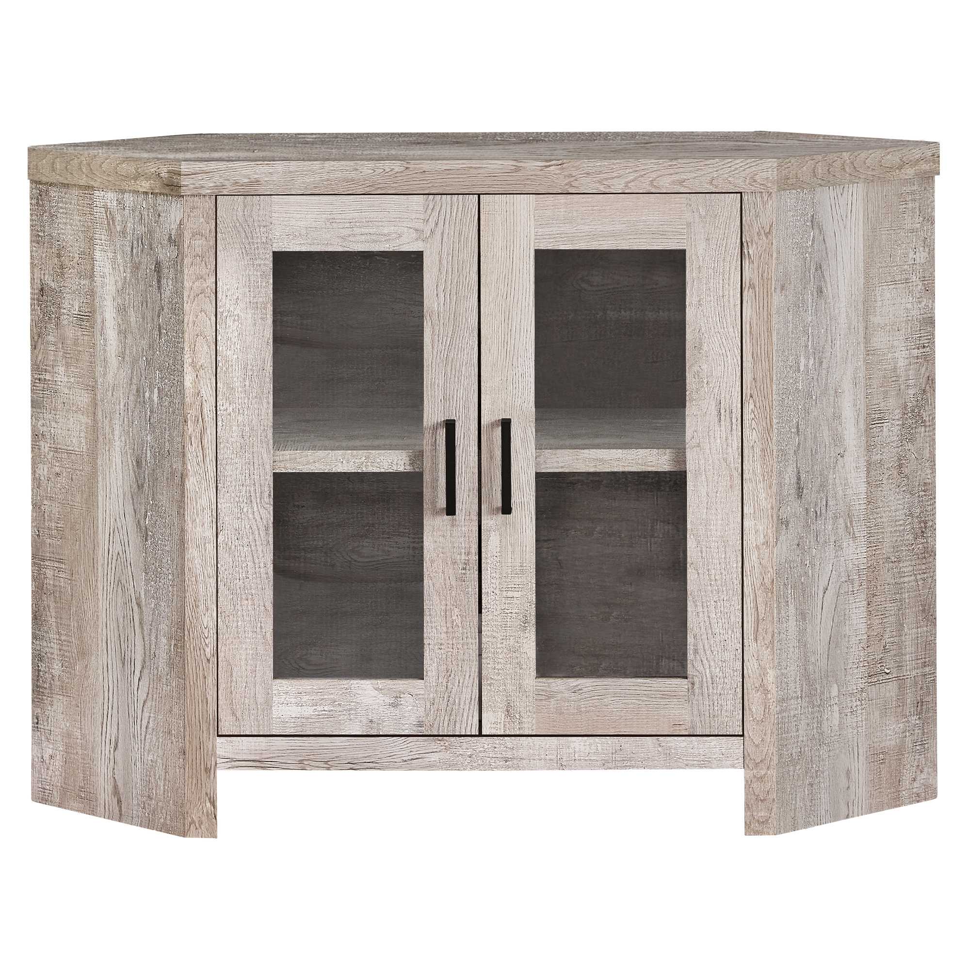 Reclaimed Wood Taupe Finish Corner TV Stand With Glass Doors