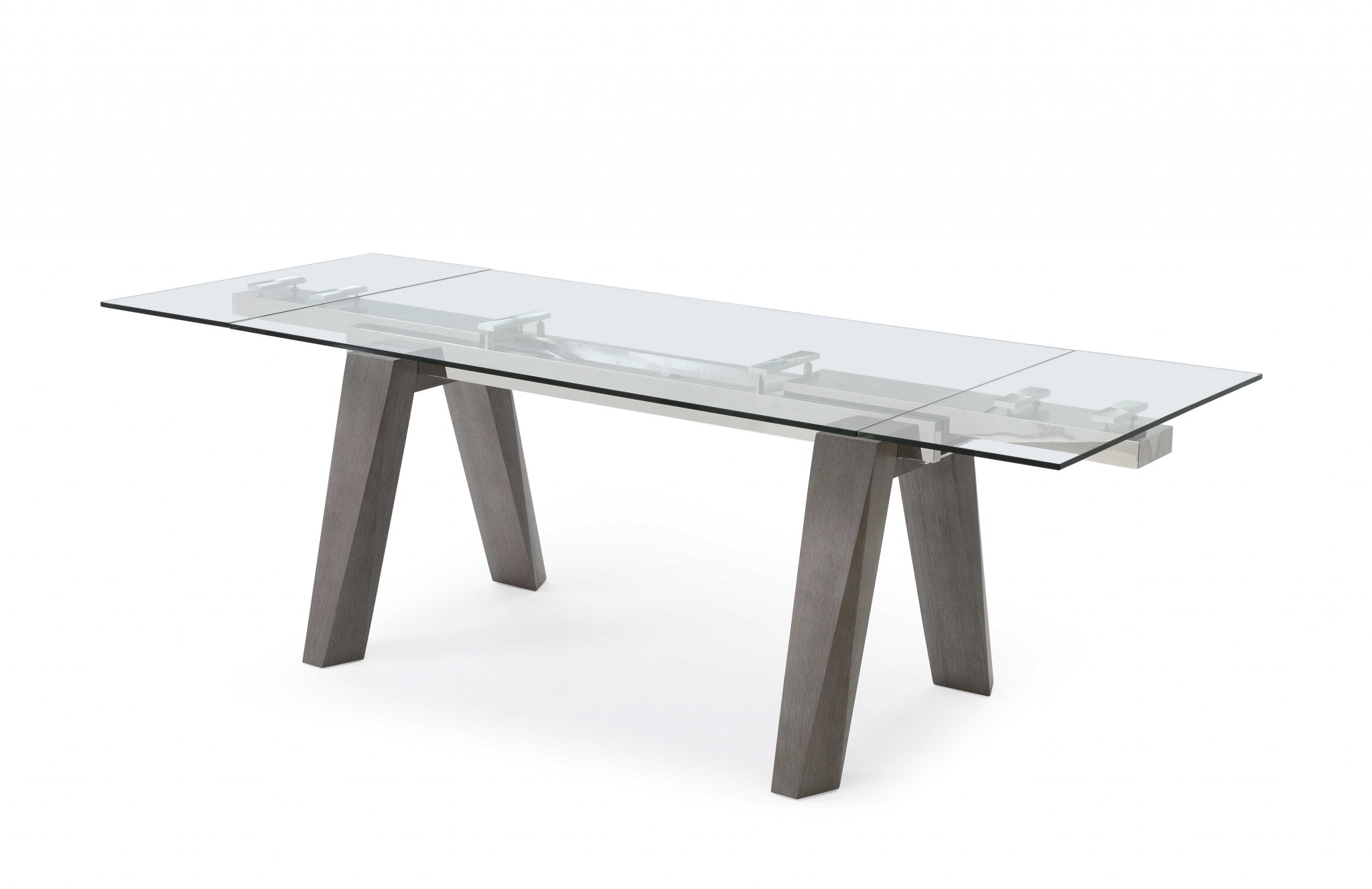 63" X 35" X 30" Grey Glass Stainless Steel Extendable Dining Table