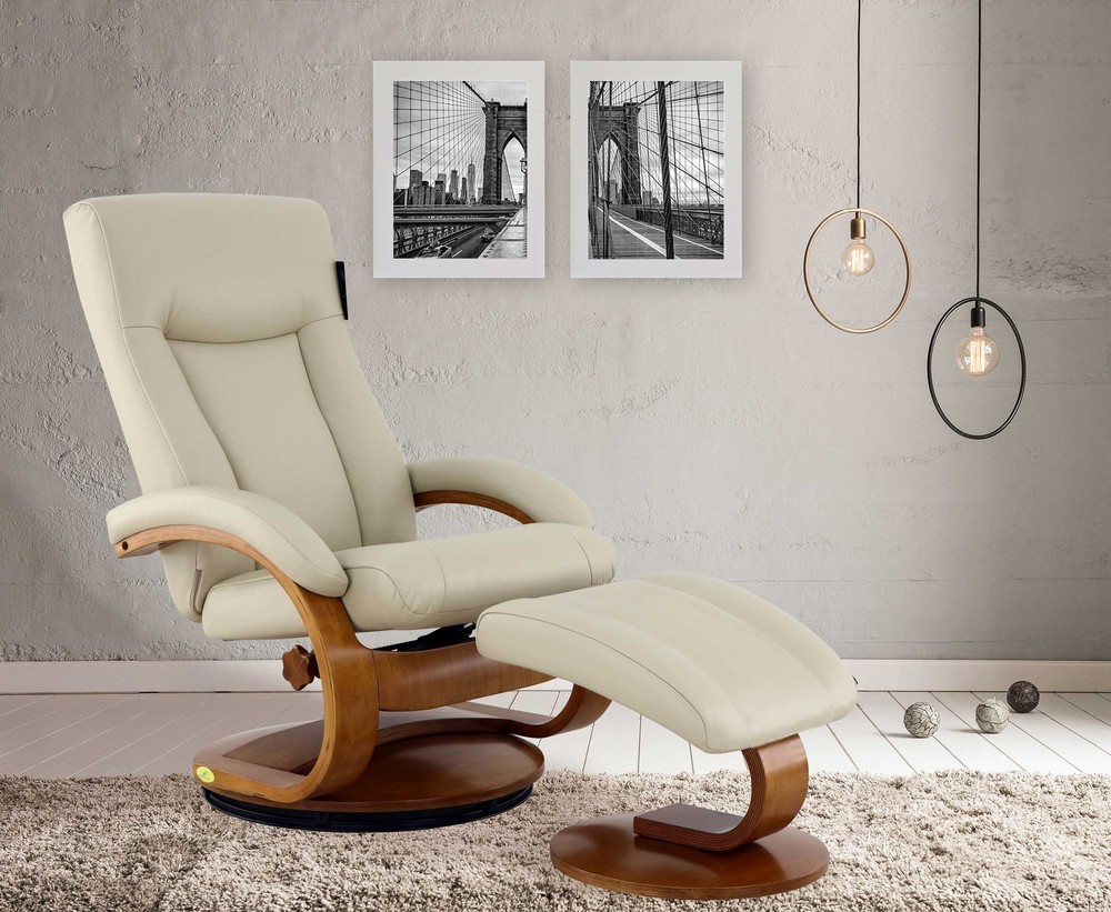 Modern Ergonomic Off White Faux Leather Recliner and Ottoman Set