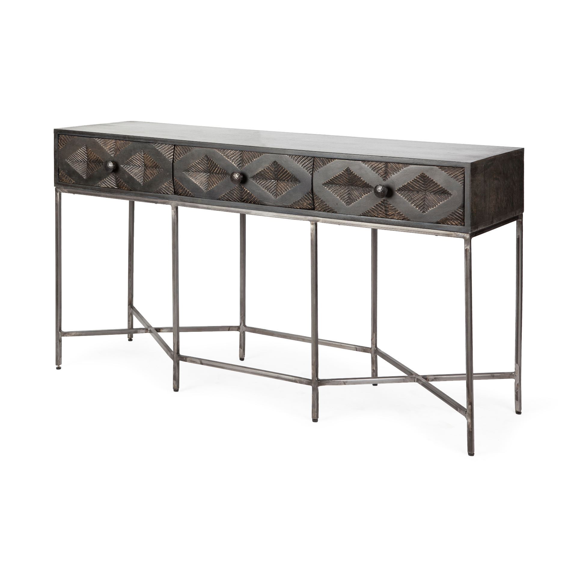 Dark Brown Mango Wood Finish Console Table With 3 Drawers