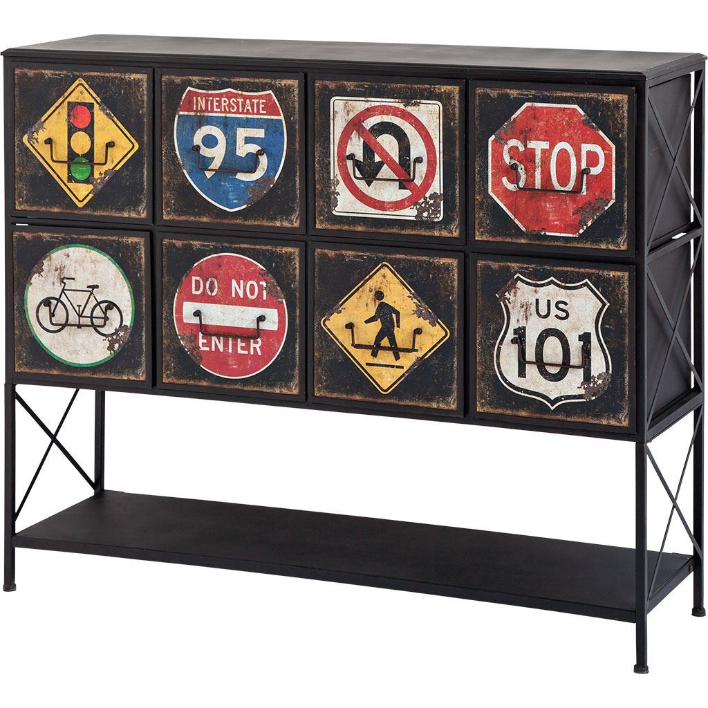 Industrial Metal Console Table With Street Sign Design And Drawers