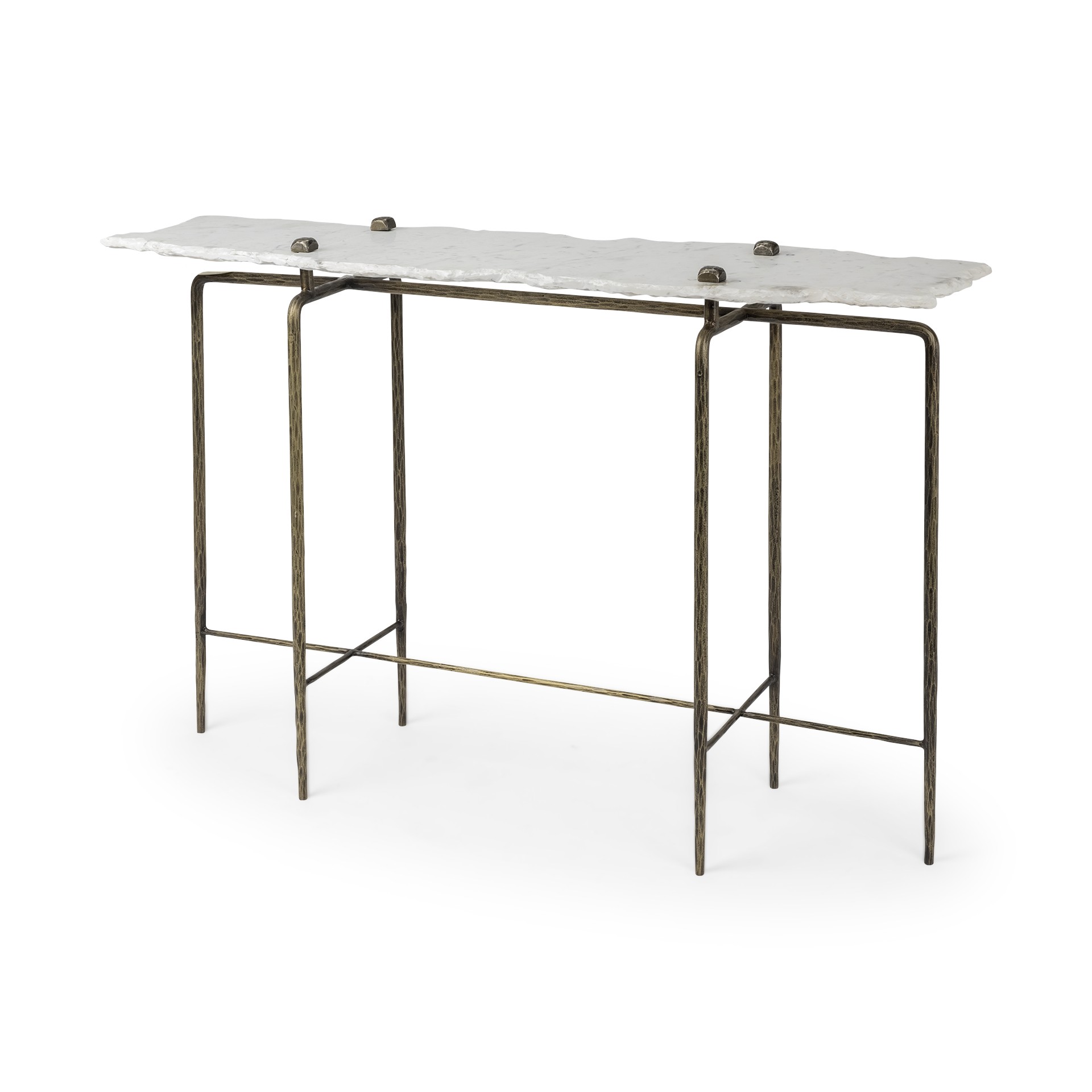 White Marble Console Table With Brass Toned Iron Base