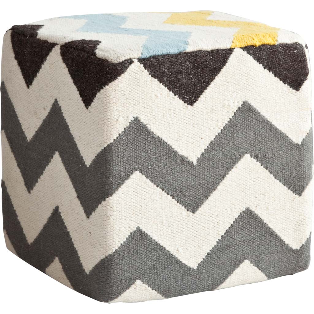 Ivory and Charcoal Wool Sqaure Pouf with Zig Zag Pattern