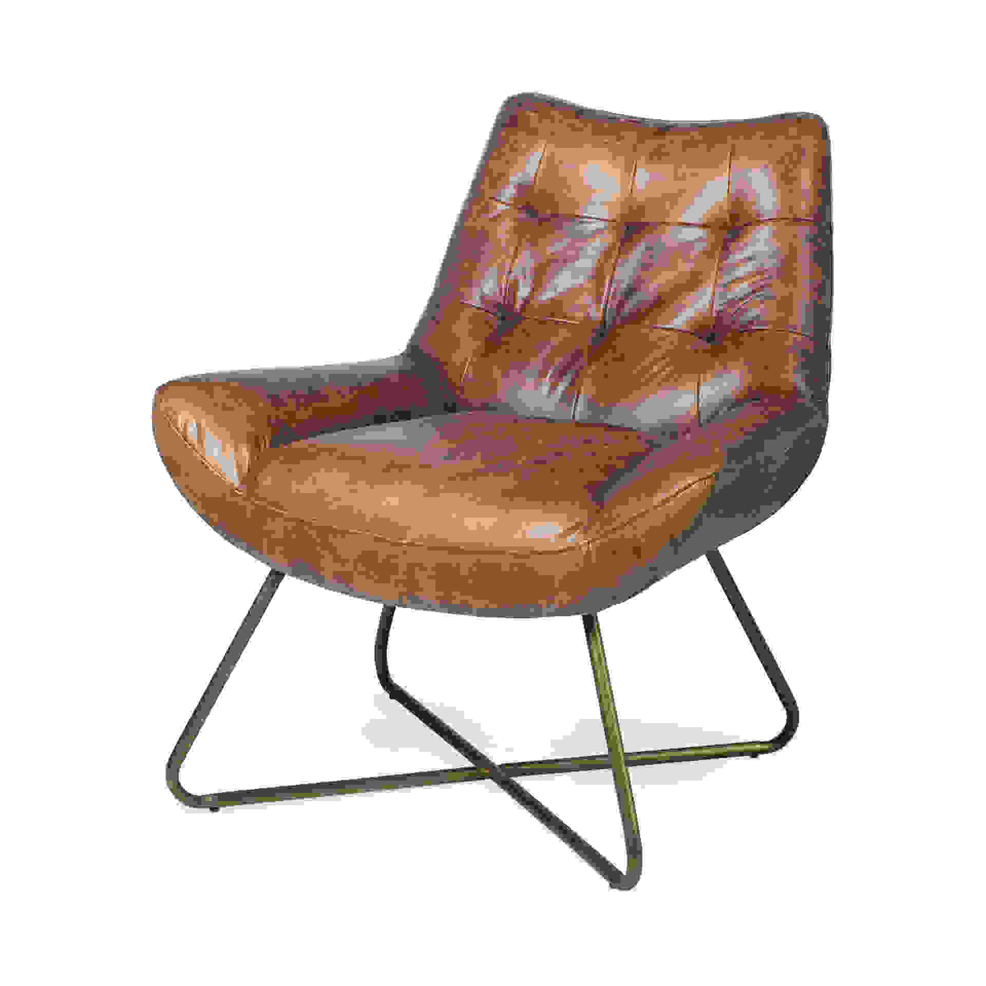 Brown Leather Seat Accent Chair with X Shaped Iron Frame