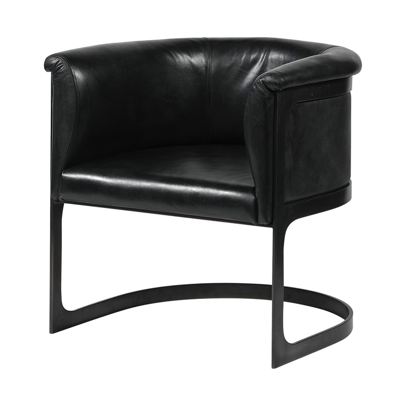 Black Leather Seat Accent Chair with Metal Base Barrel