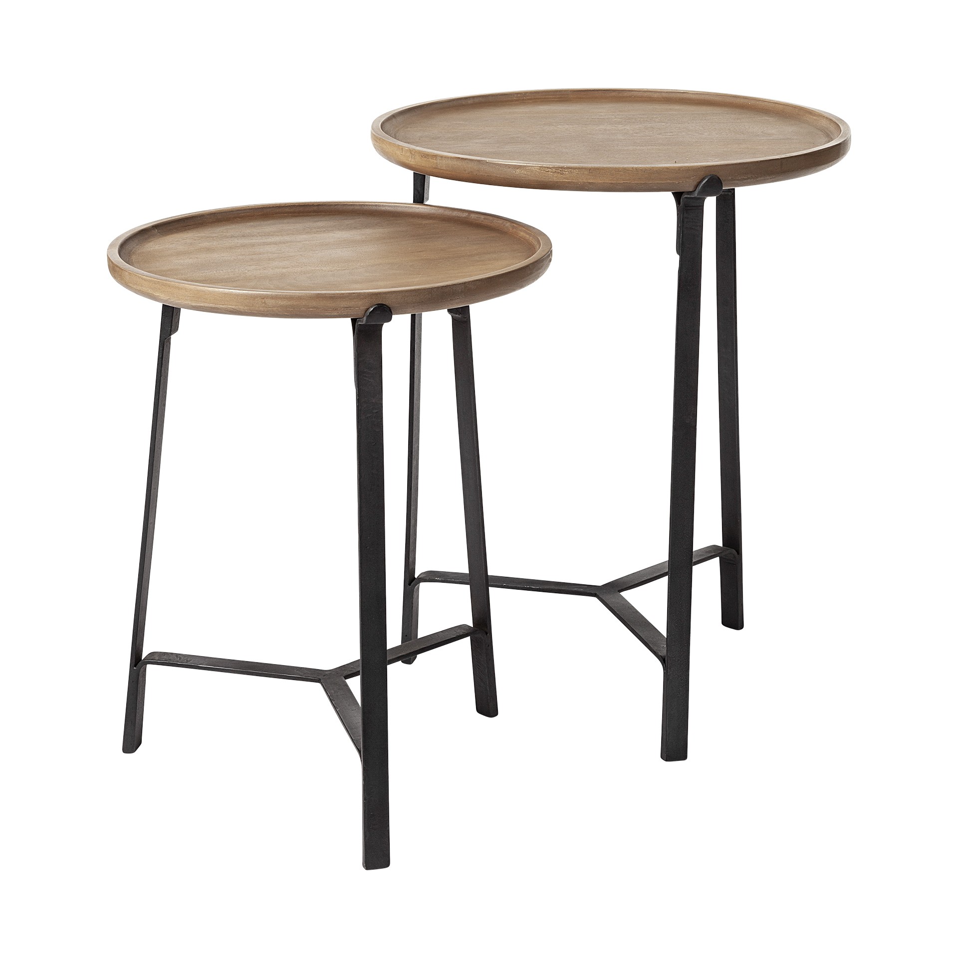 Set of 2 Round Brown Solid Wood Iron Base Nesting Side Tables