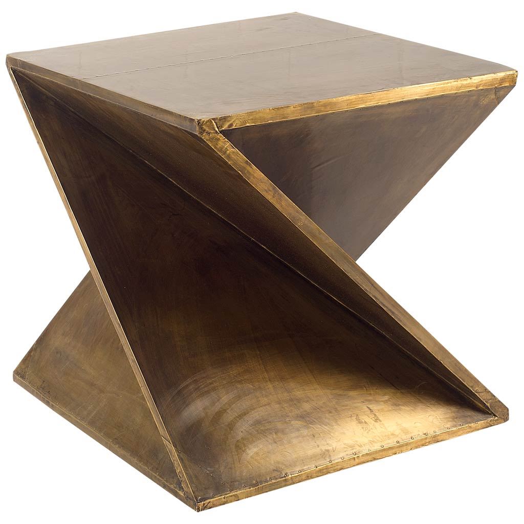 Z-Shaped Brass-Clad Wooden Accent Table