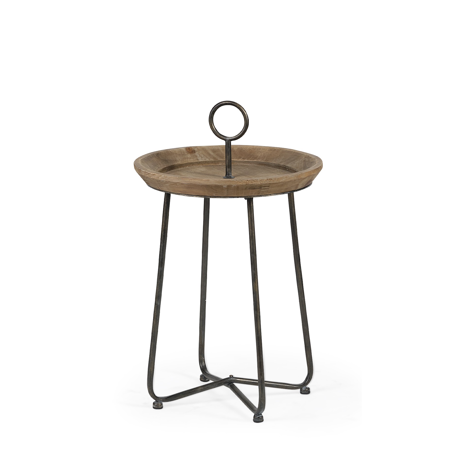 Brown Wood Round Top Accent Table with Black Iron Frame