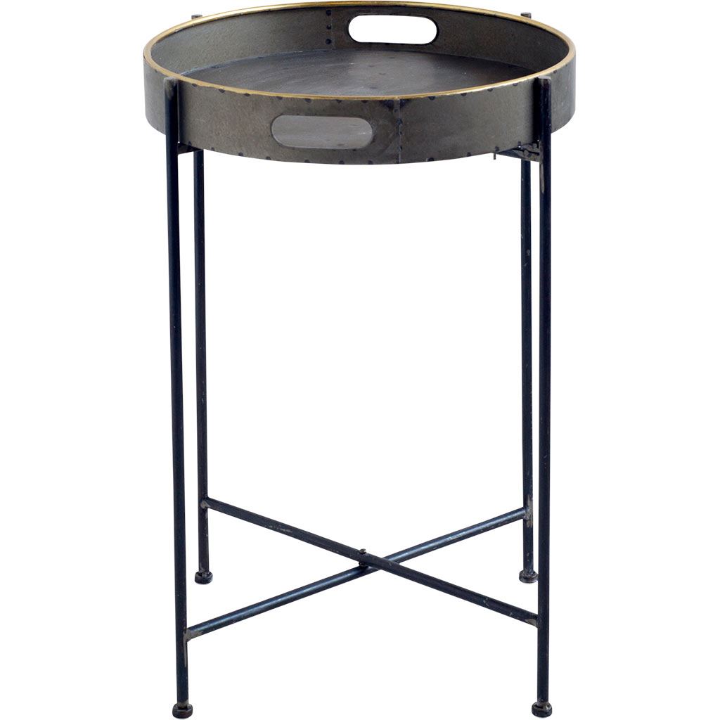 Round Rusty Brown Tray Top Accent Table with Black Iron Frame