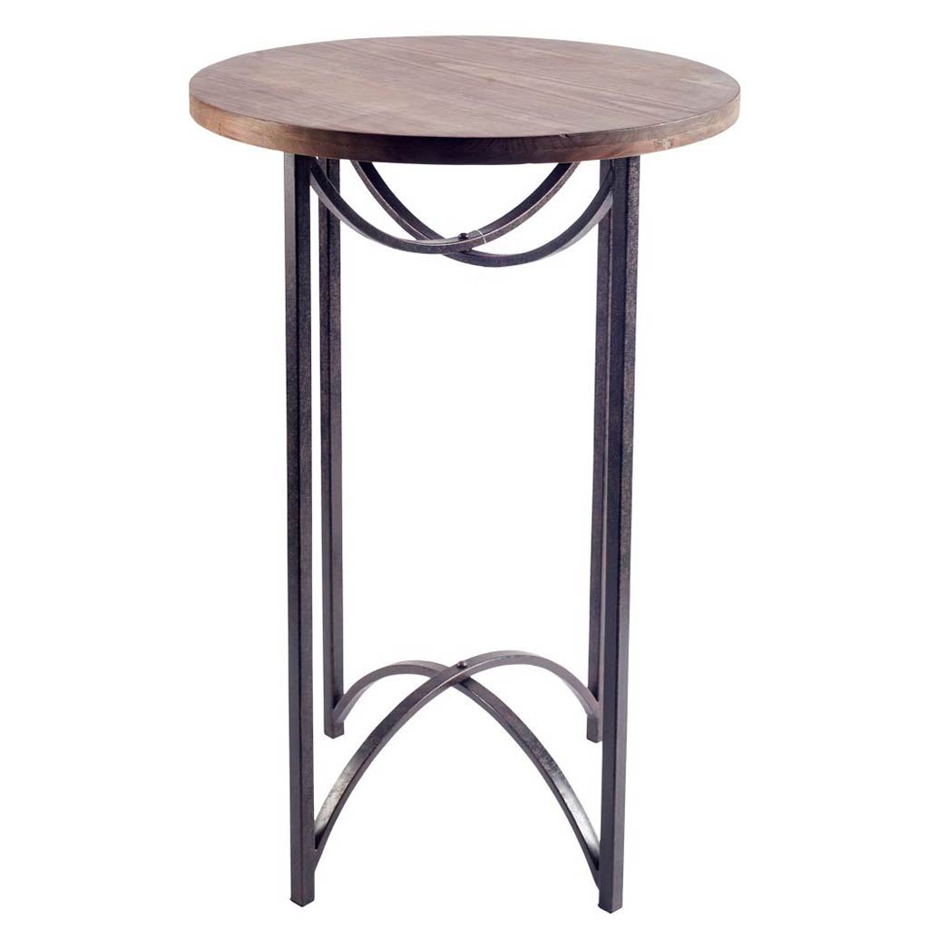 Brown Wood Round Top Accent Table with Black Metal Frame