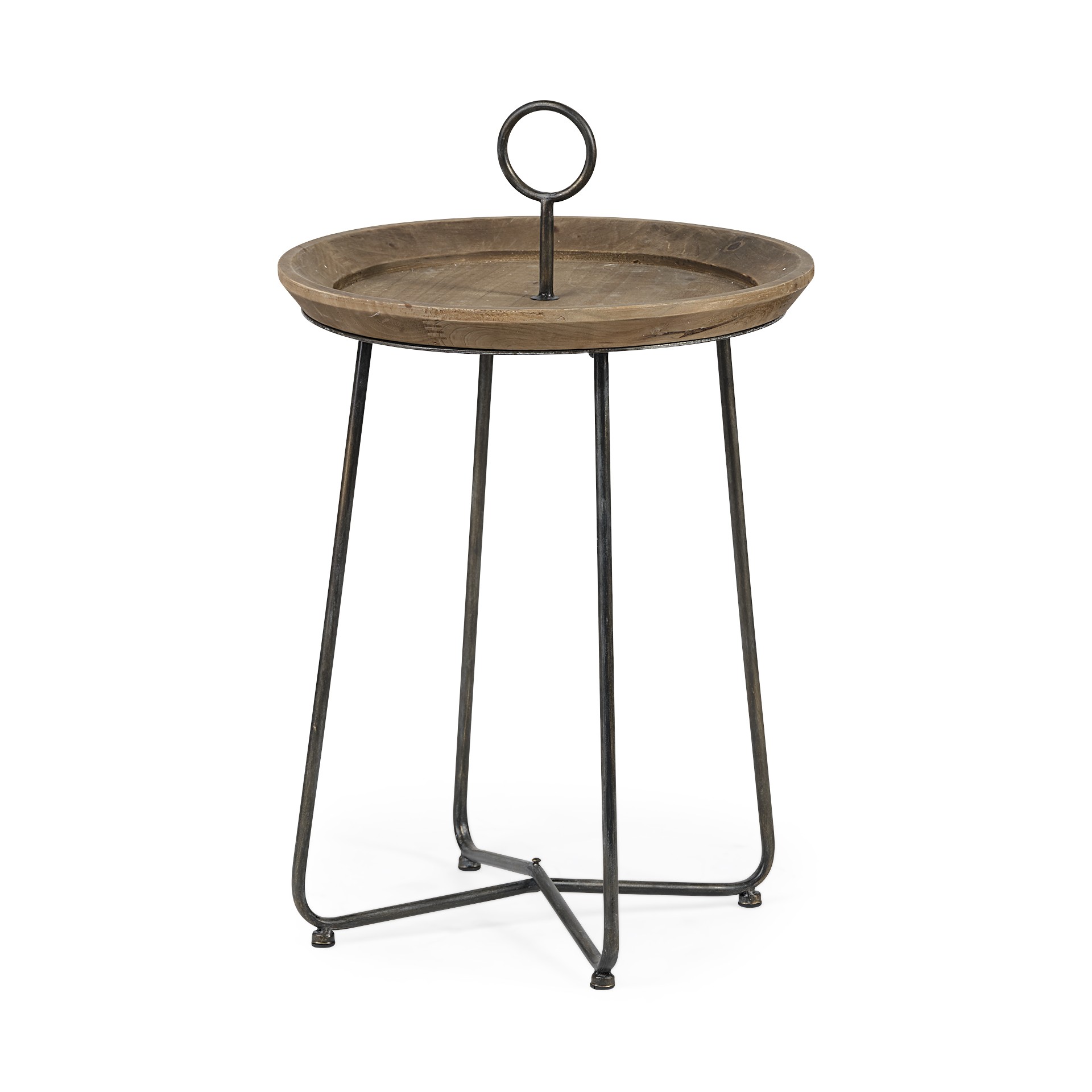 Brown Wood Round Top Accent Table with Black Metal Frame