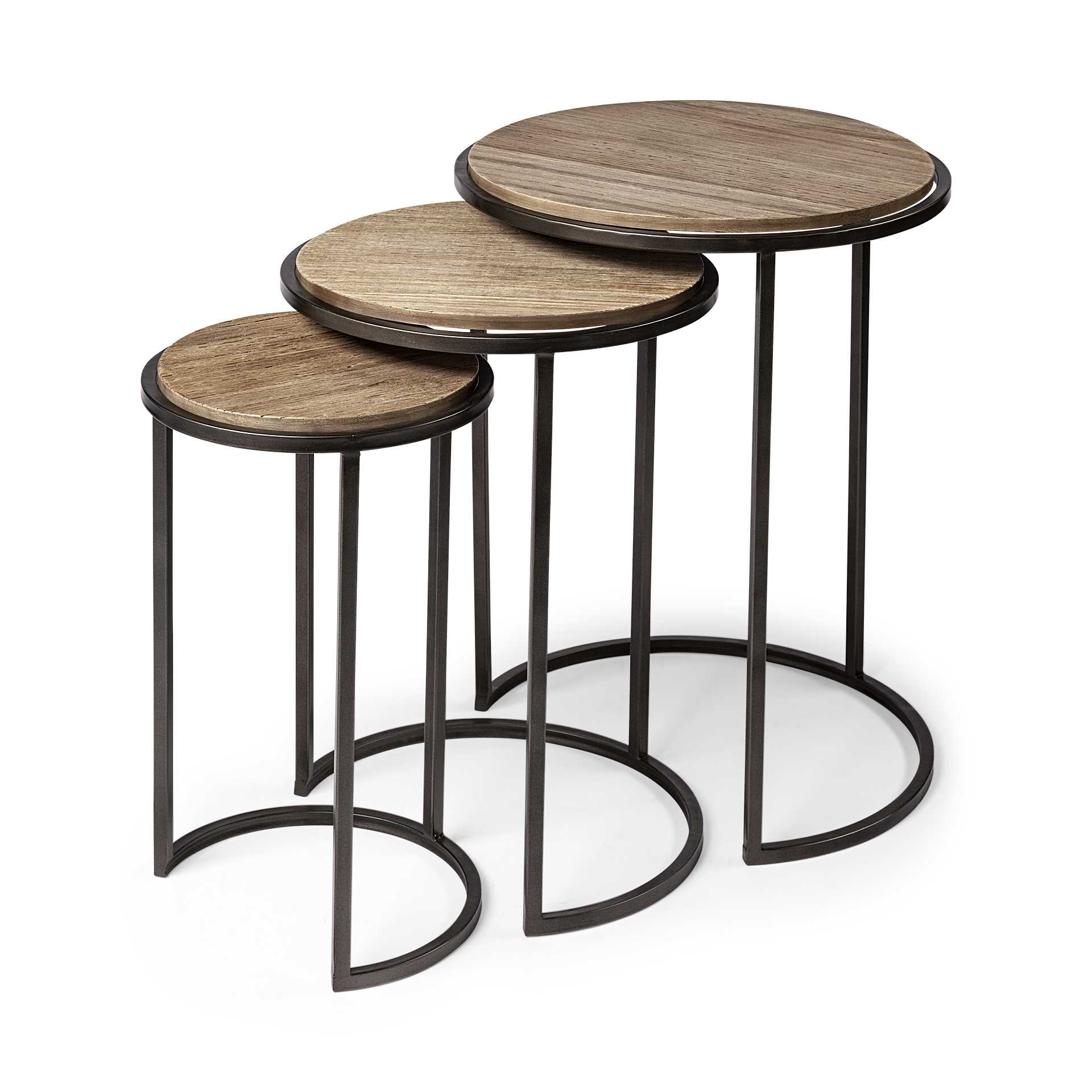 Set of 3 Brown Wood Round Top Accent Tables with Iron Nesting