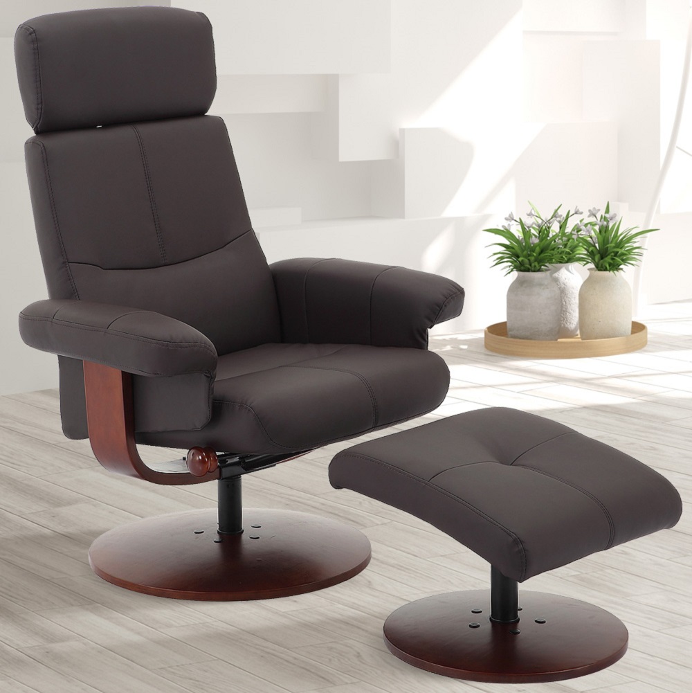Brown Faux Leather Swivel Adjustable Recliner and Ottoman Set